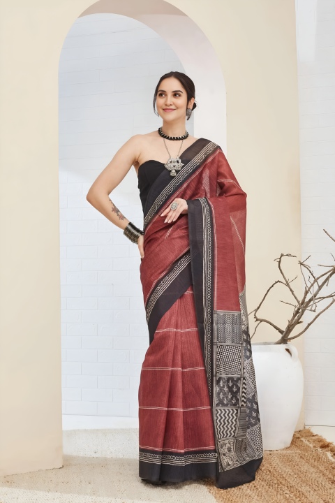 Rustic Brown Designer Printed Silk Blend Ready To Wear Saree