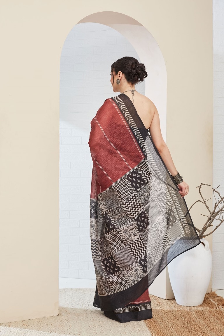 Rustic Brown Designer Printed Silk Blend Ready To Wear Saree — alternate view