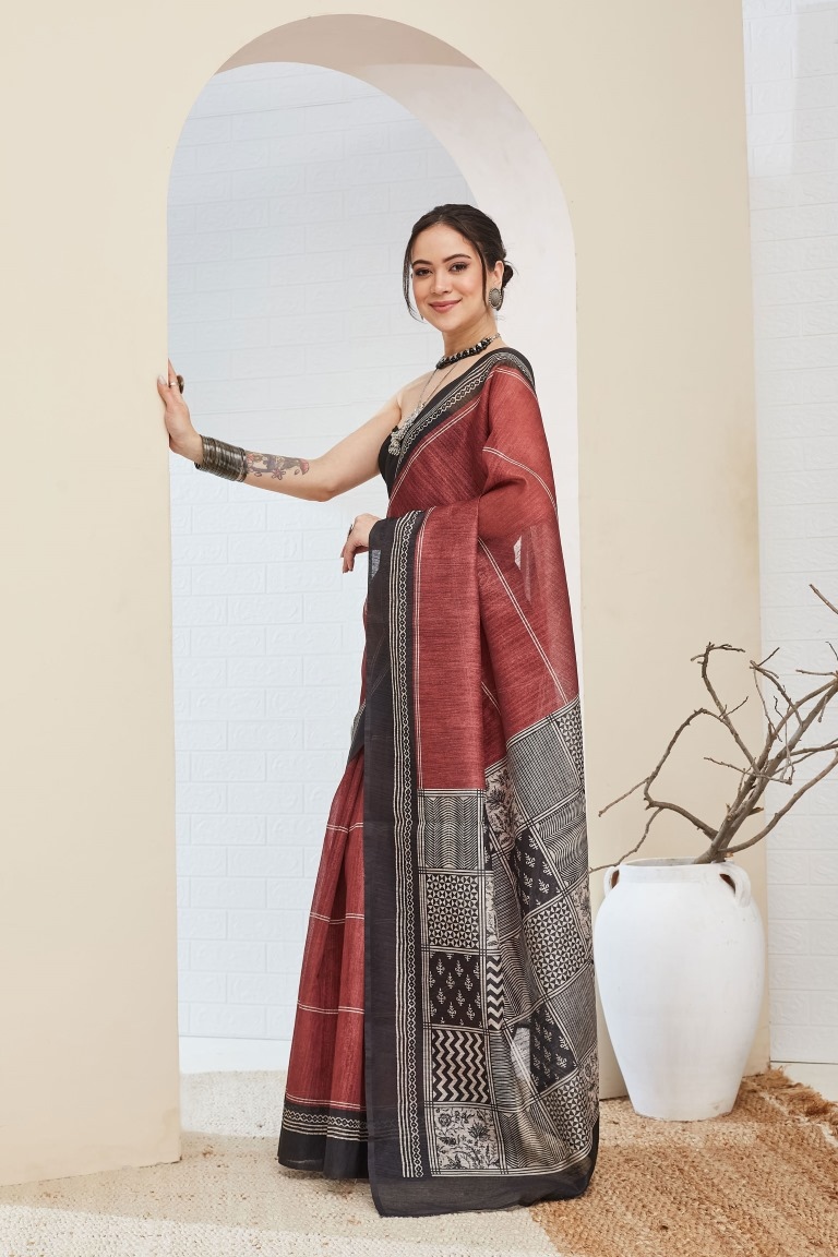 Rustic Brown Designer Printed Silk Blend Ready To Wear Saree