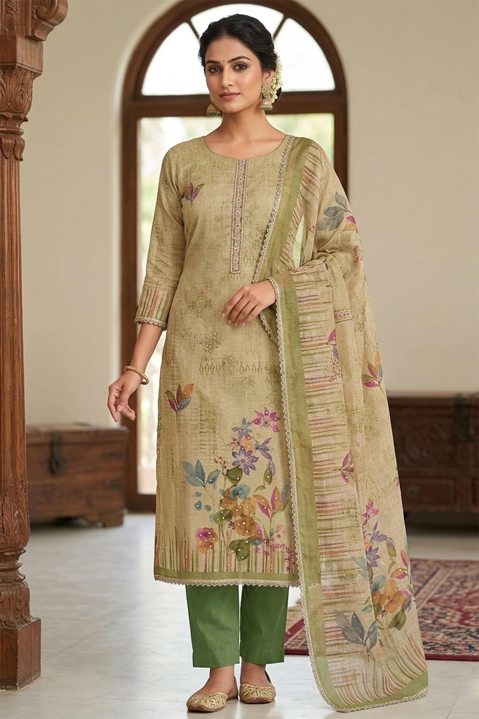 Sage Green Designer Printed Cotton Straight Salwar Suit