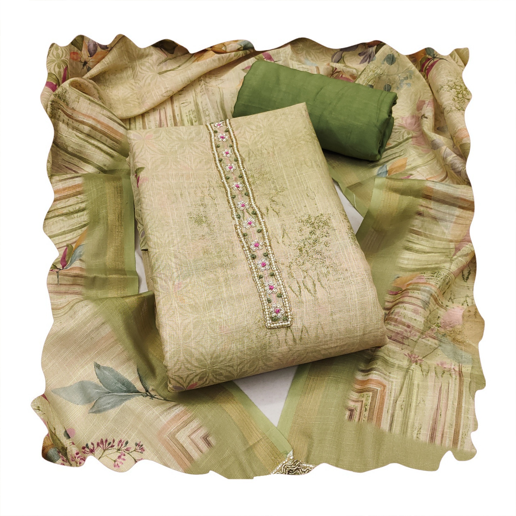 Sage Green Designer Printed Cotton Straight Salwar Suit — alternate view