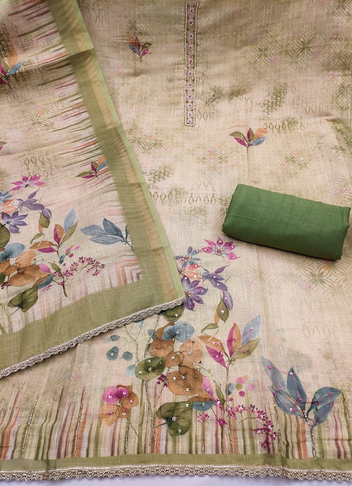 Sage Green Designer Printed Cotton Straight Salwar Suit
