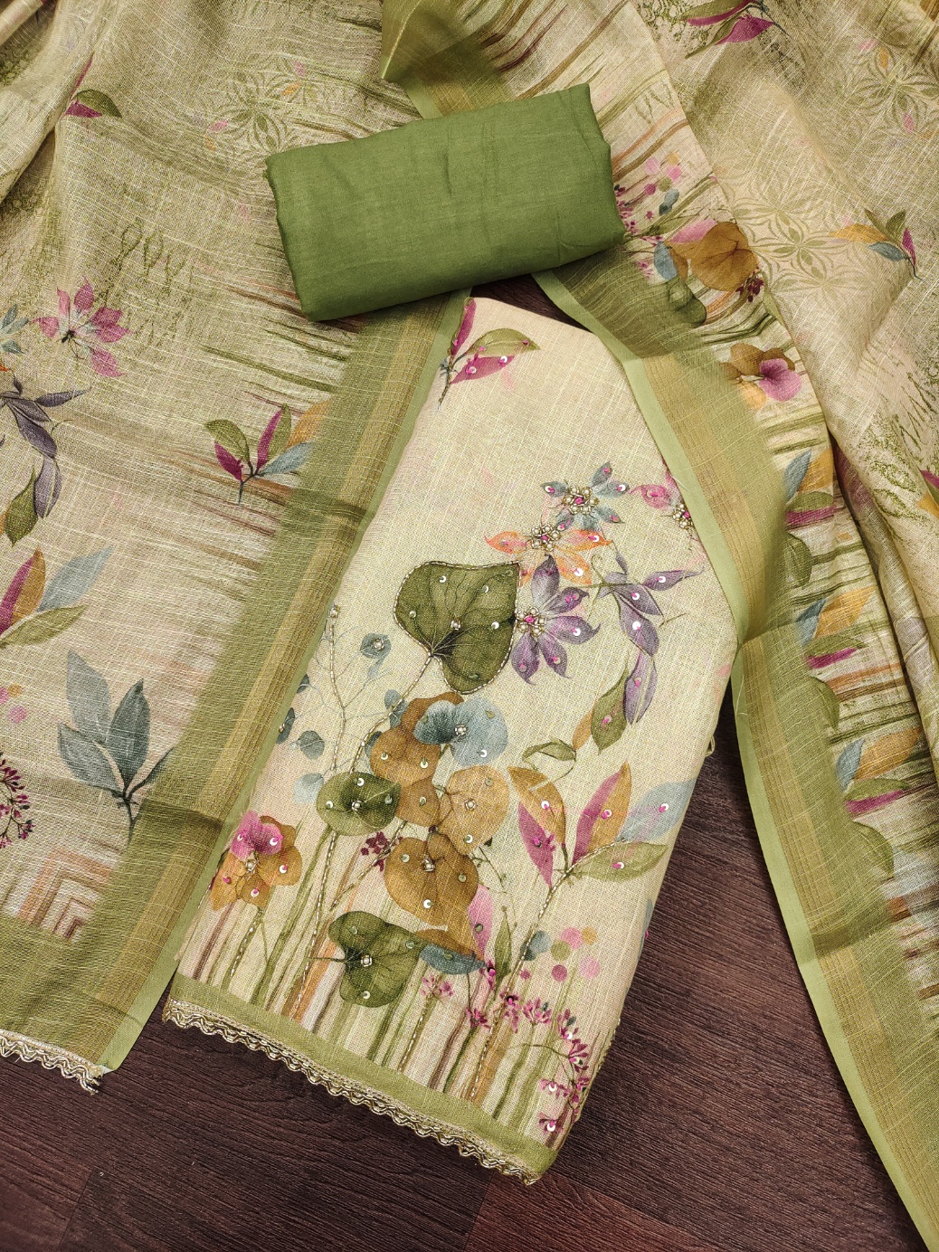 Sage Green Designer Printed Cotton Straight Salwar Suit