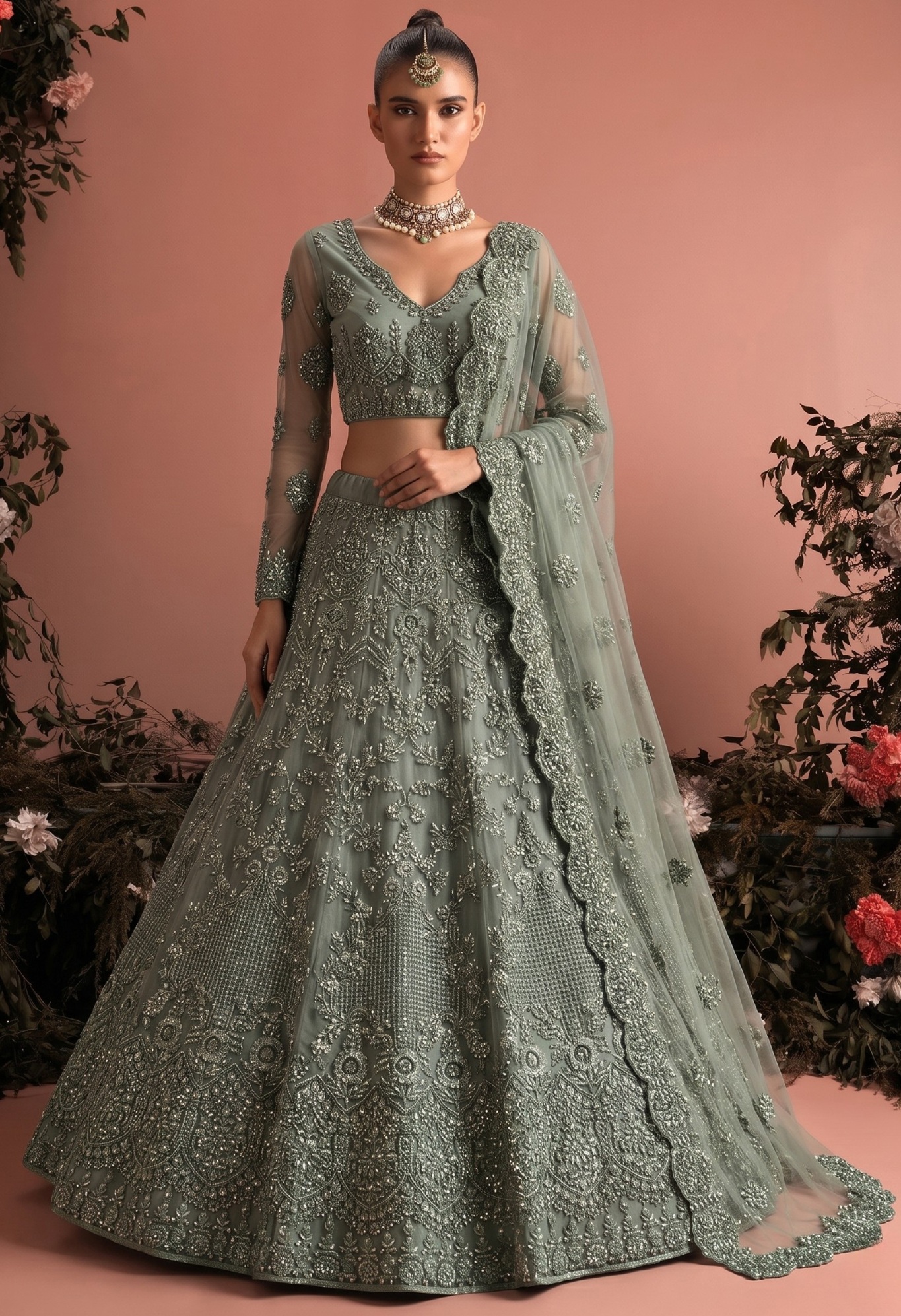 Sage Green Embroidered Butterfly Net Lehenga Choli