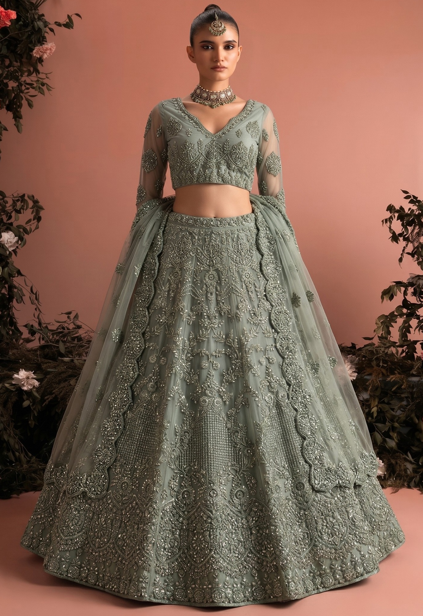 Sage Green Embroidered Butterfly Net Lehenga Choli — alternate view