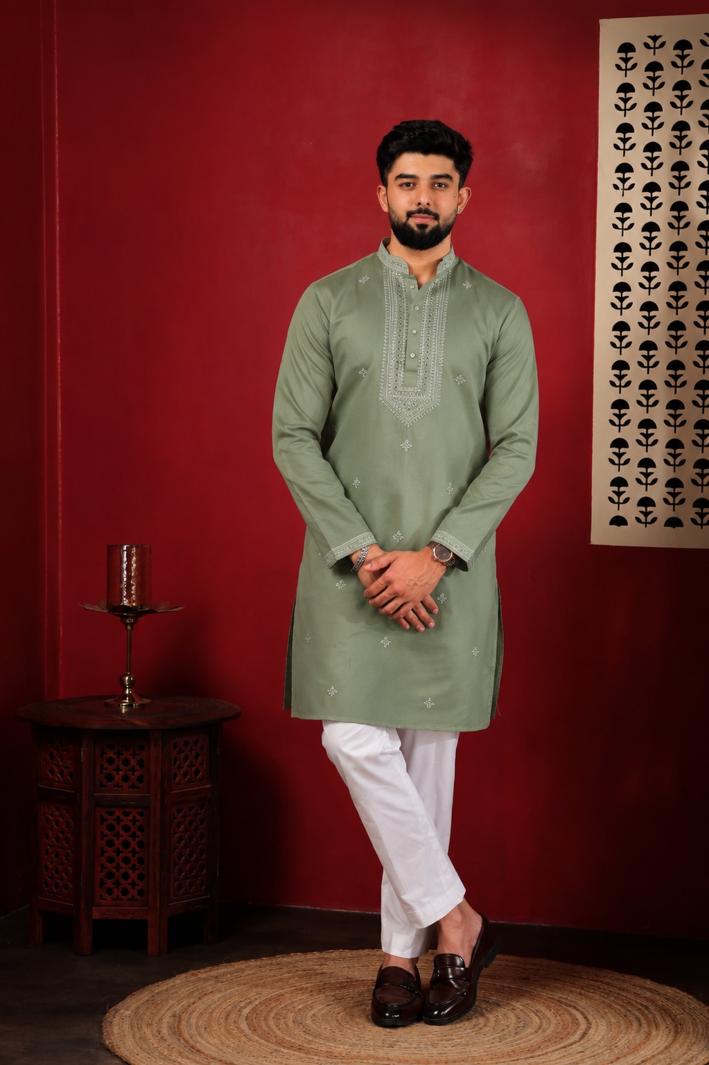 Sage Green Embroidered Cotton Kurta Pyjama