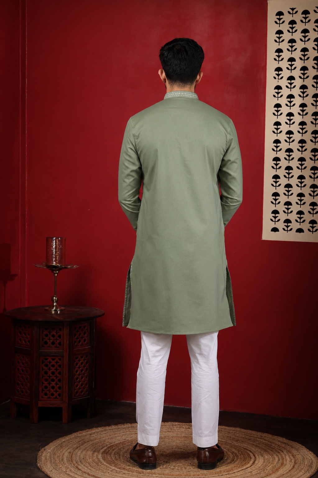 Sage Green Embroidered Cotton Kurta Pyjama — alternate view