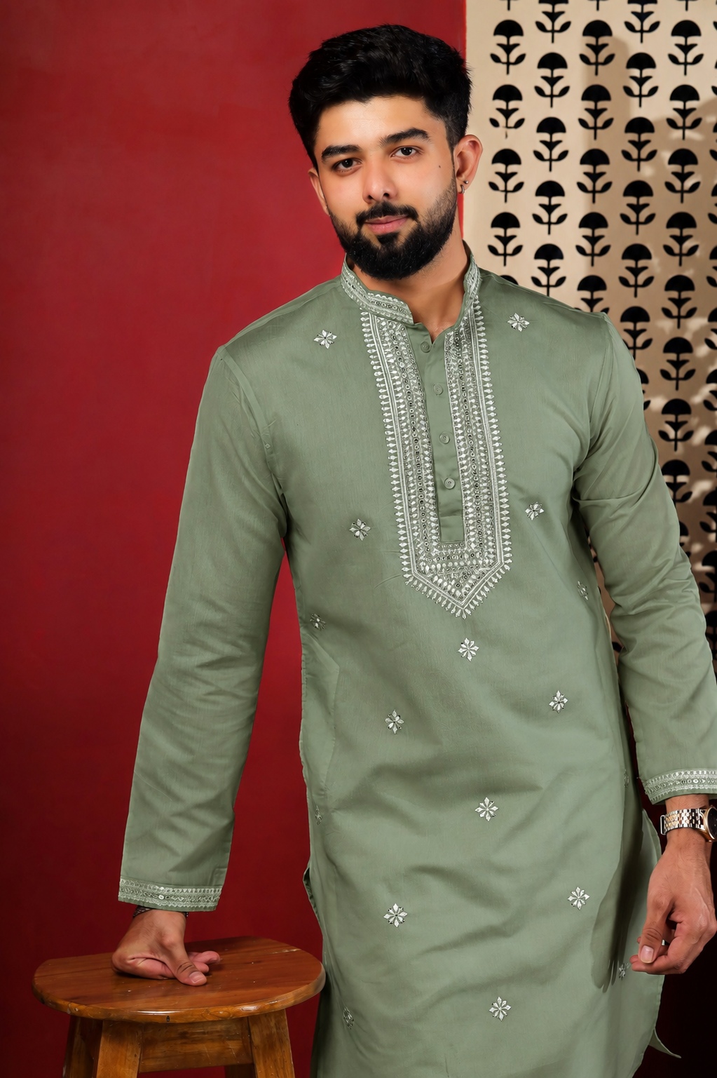 Sage Green Embroidered Cotton Kurta Pyjama