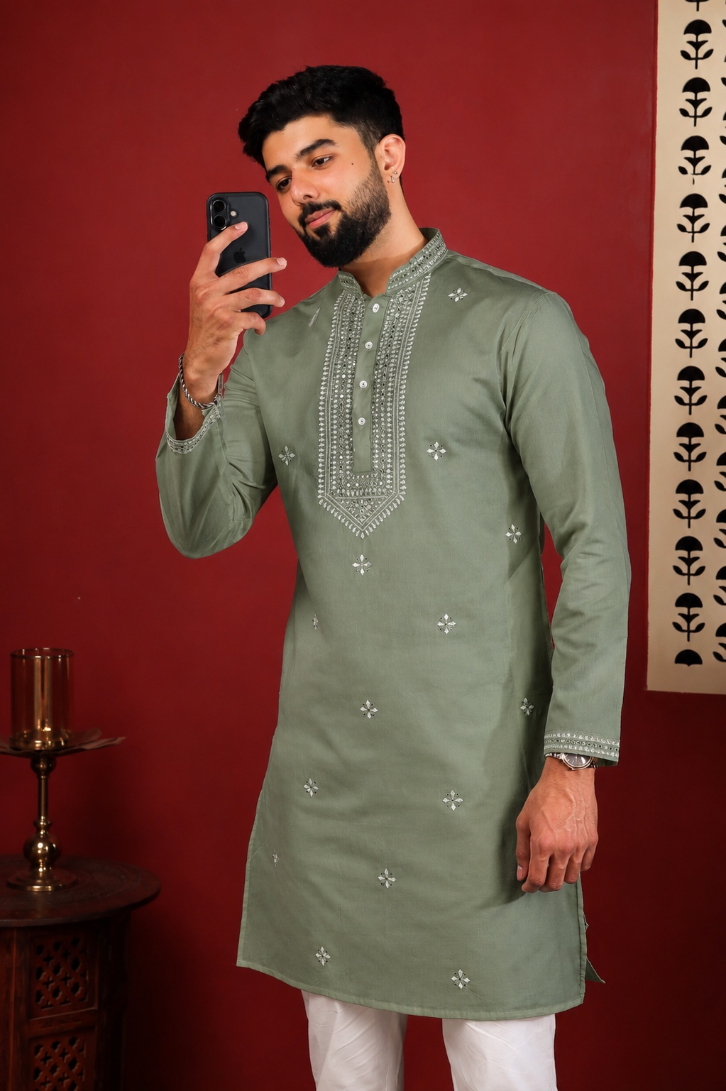 Sage Green Embroidered Cotton Kurta Pyjama