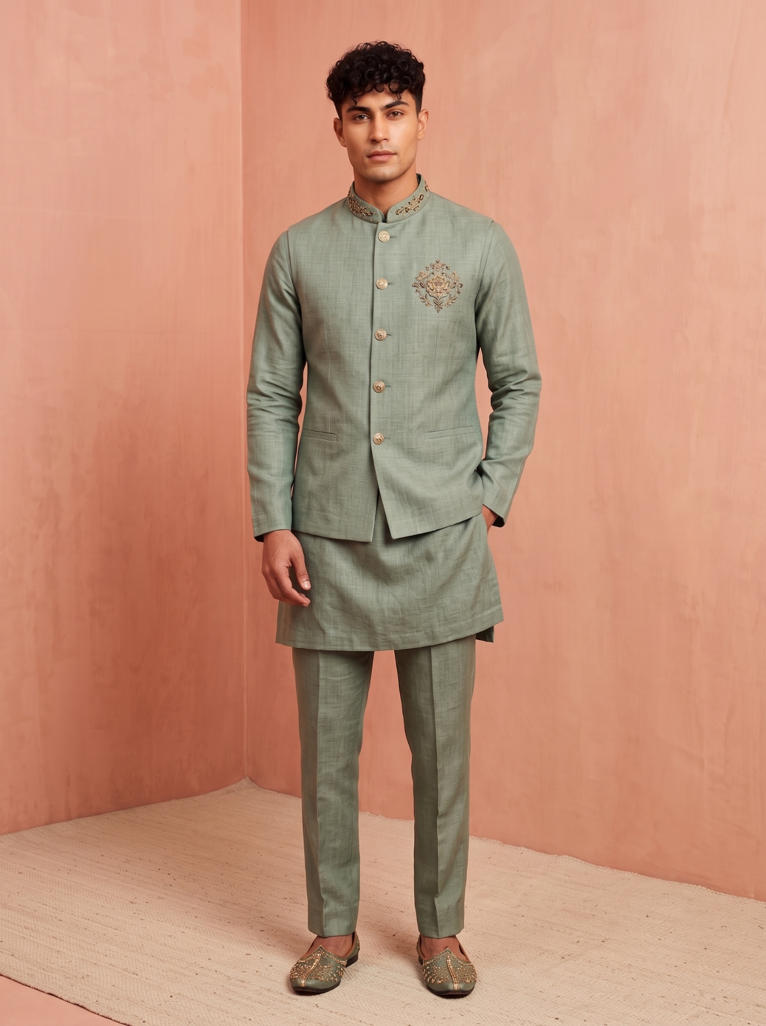 Sage Green Embroidery Premium Linen Jacket Kurta Pyjama