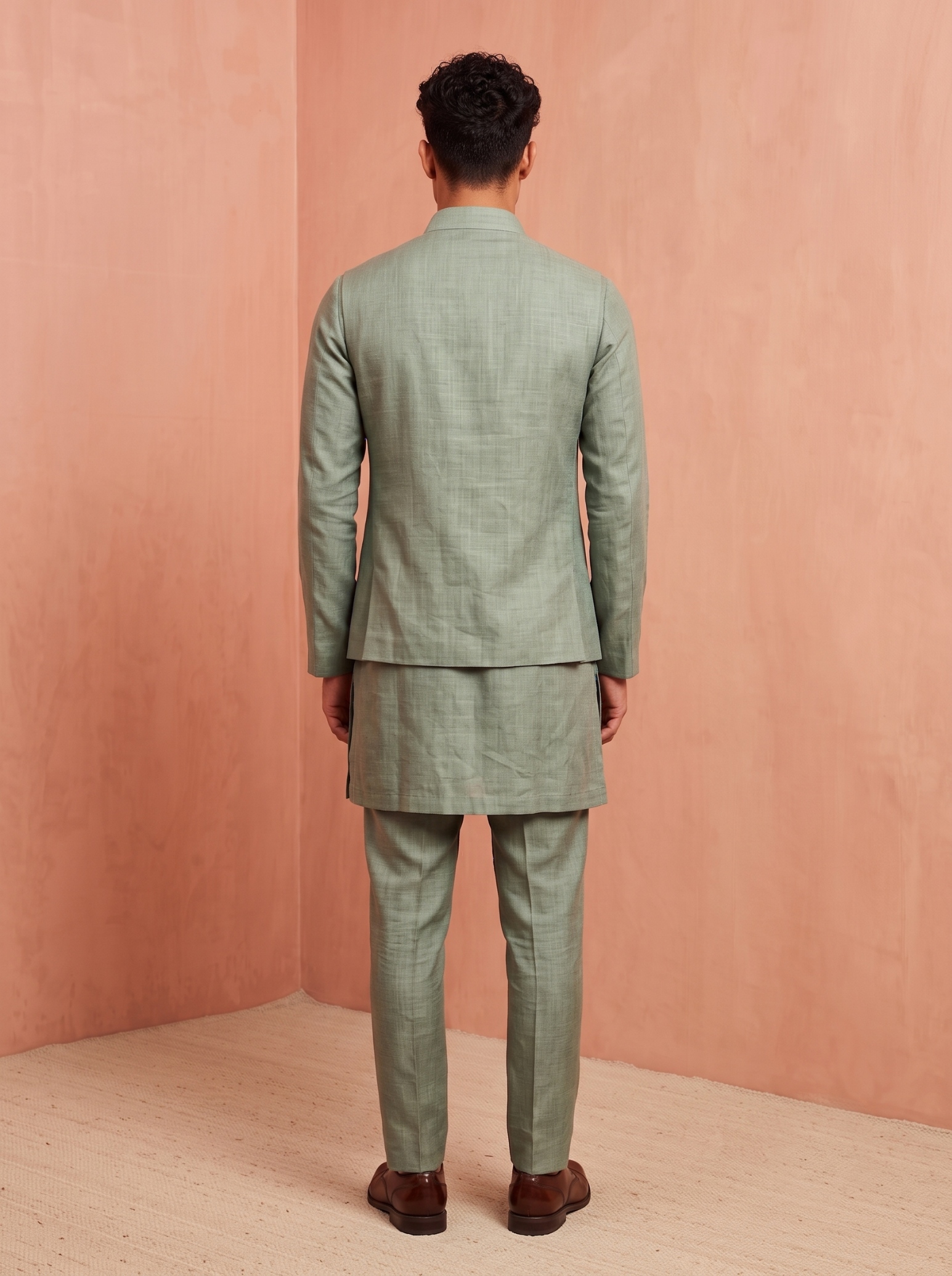 Sage Green Embroidery Premium Linen Jacket Kurta Pyjama — alternate view