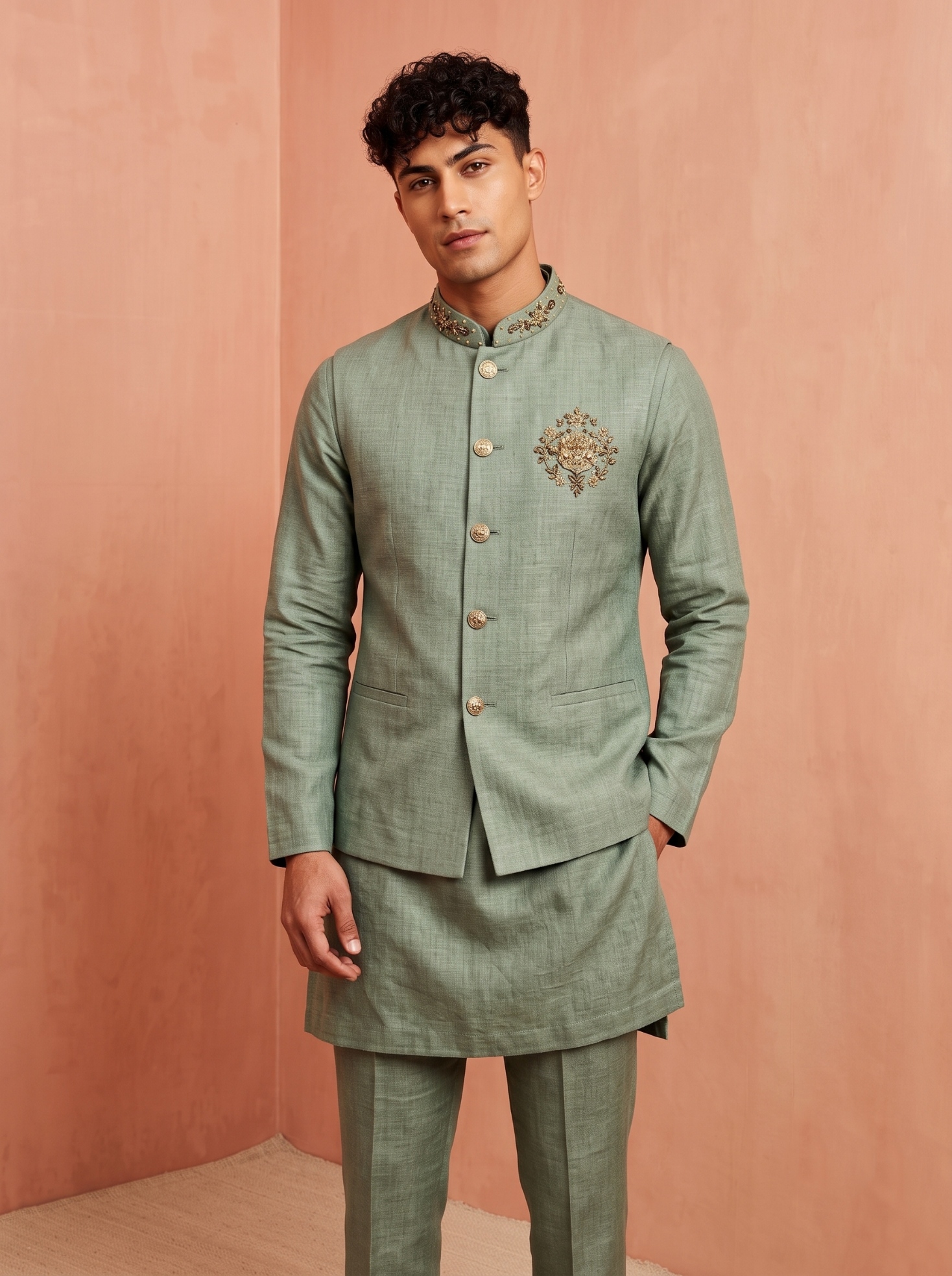 Sage Green Embroidery Premium Linen Jacket Kurta Pyjama