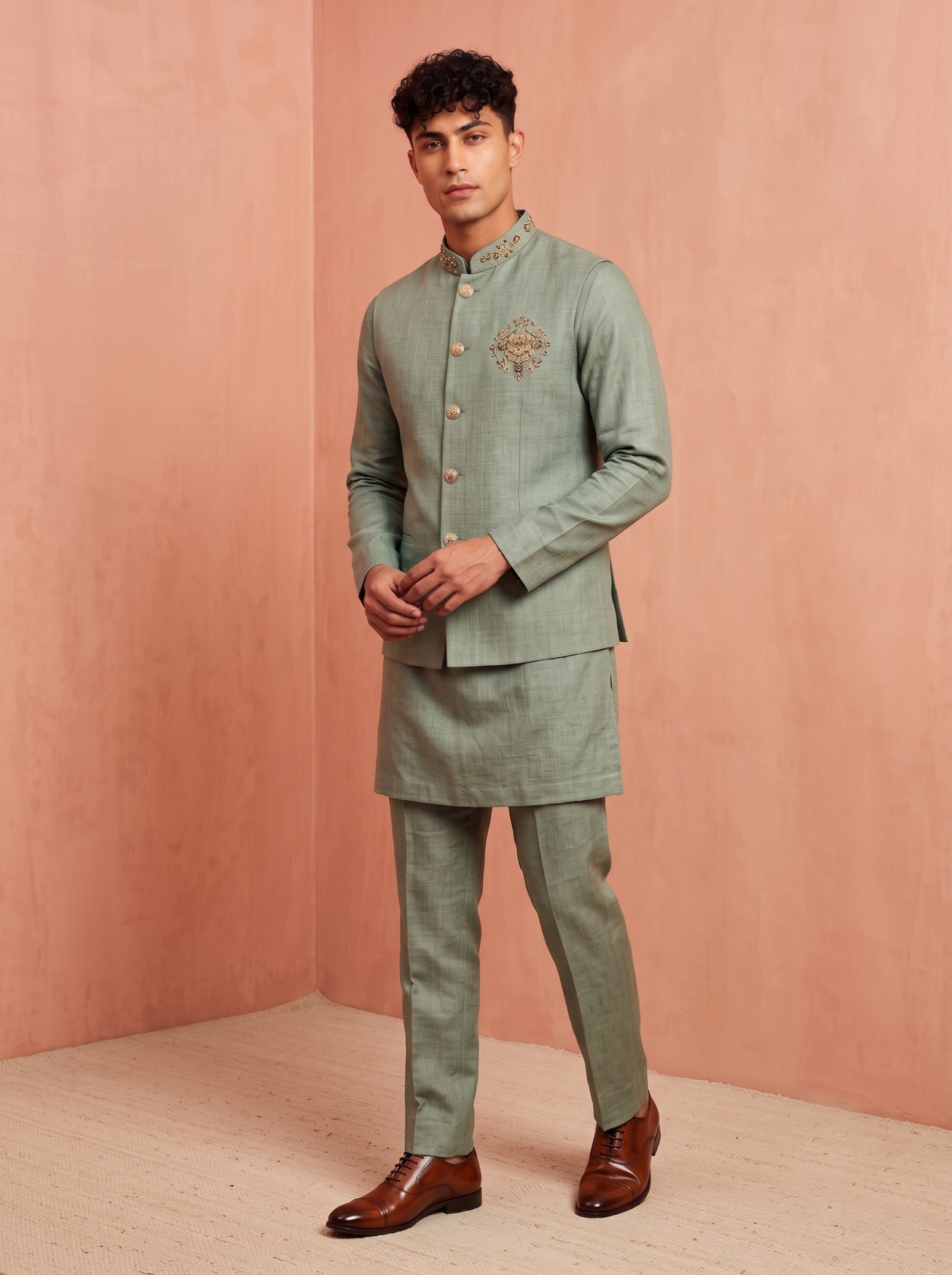 Sage Green Embroidery Premium Linen Jacket Kurta Pyjama