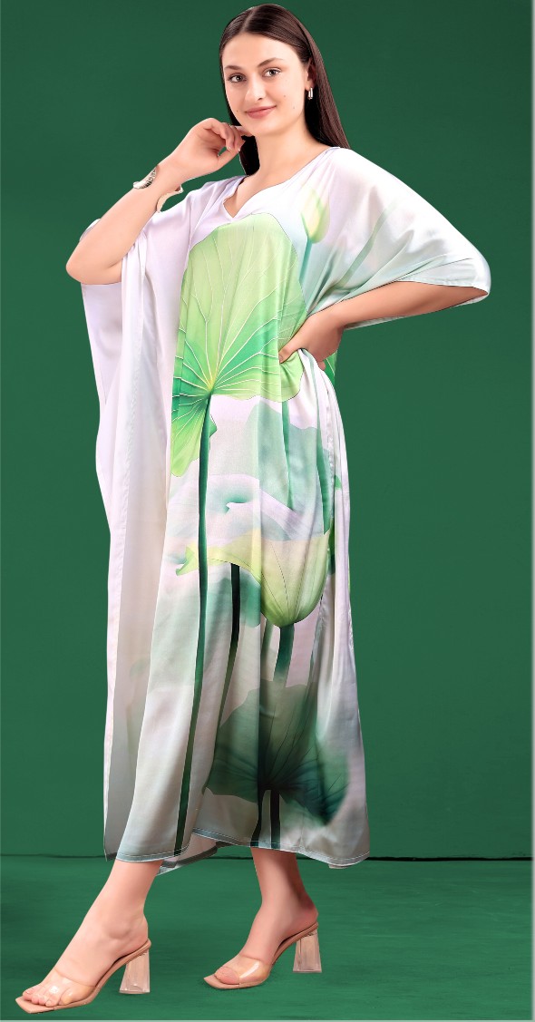 Sage Green Lotus Leaf Printed Poly Japan Satin Kaftan