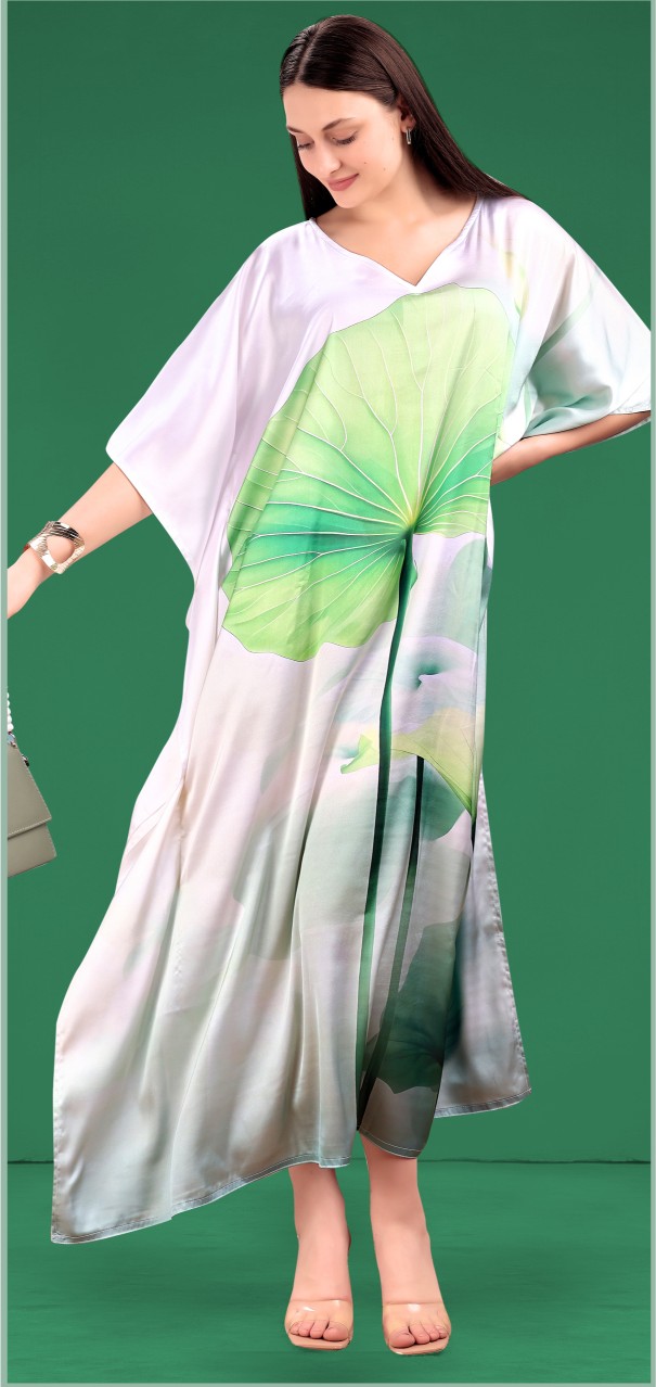 Sage Green Lotus Leaf Printed Poly Japan Satin Kaftan