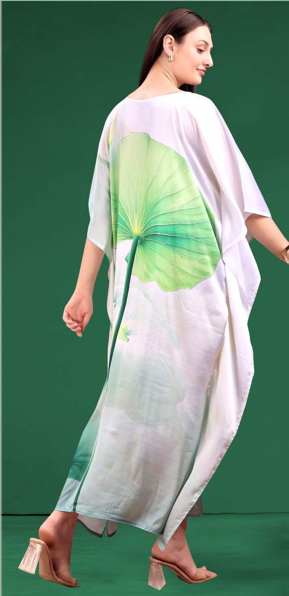 Sage Green Lotus Leaf Printed Poly Japan Satin Kaftan
