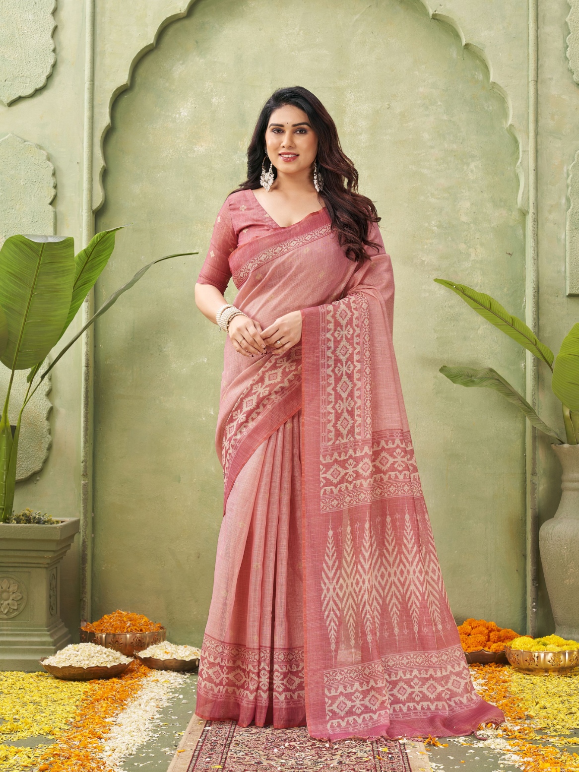 Salmon Geometric Print Jute Linen Saree
