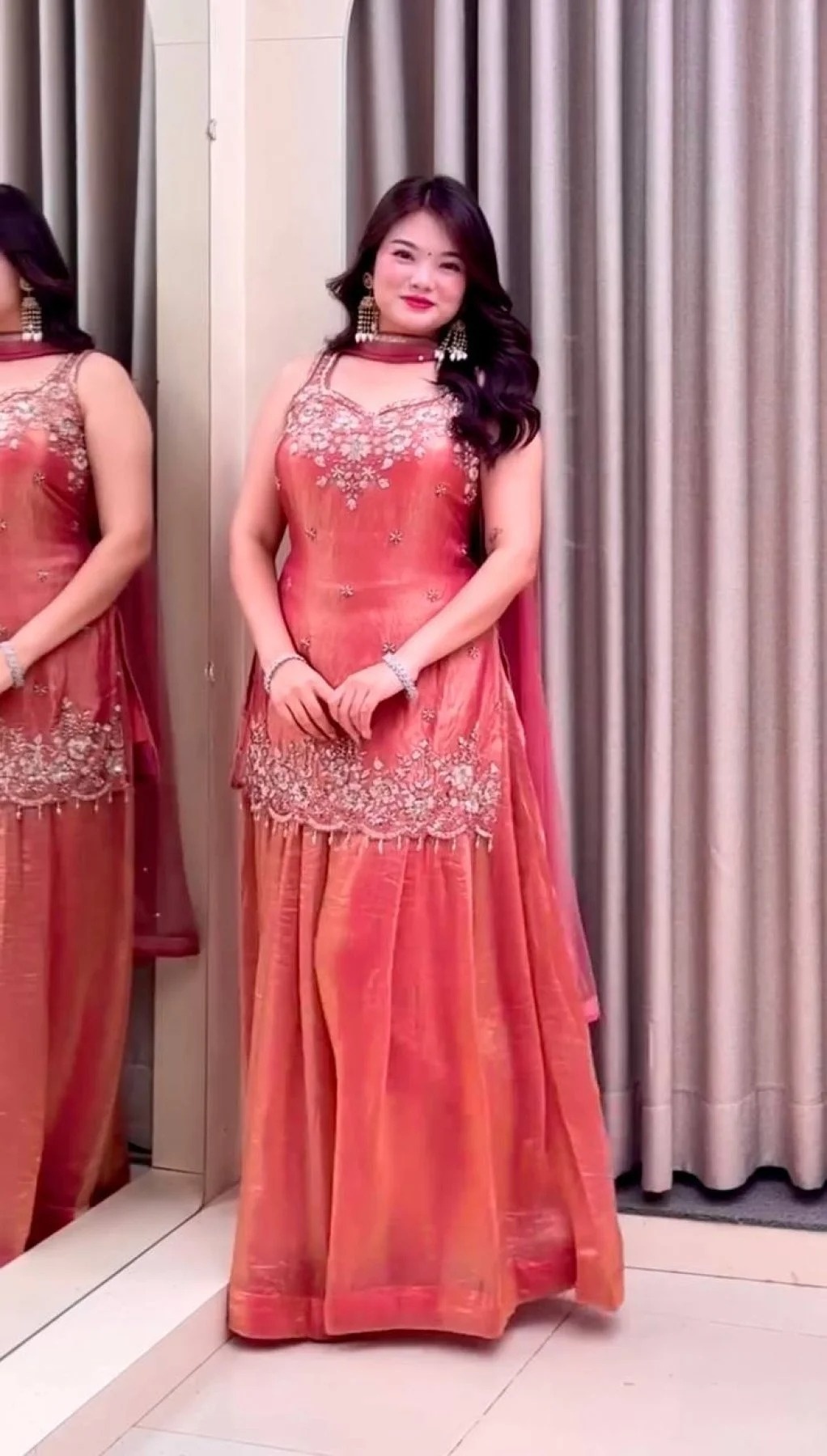 Salmon Solid Designer Embroidery Fendy Satin Palazzo Suit