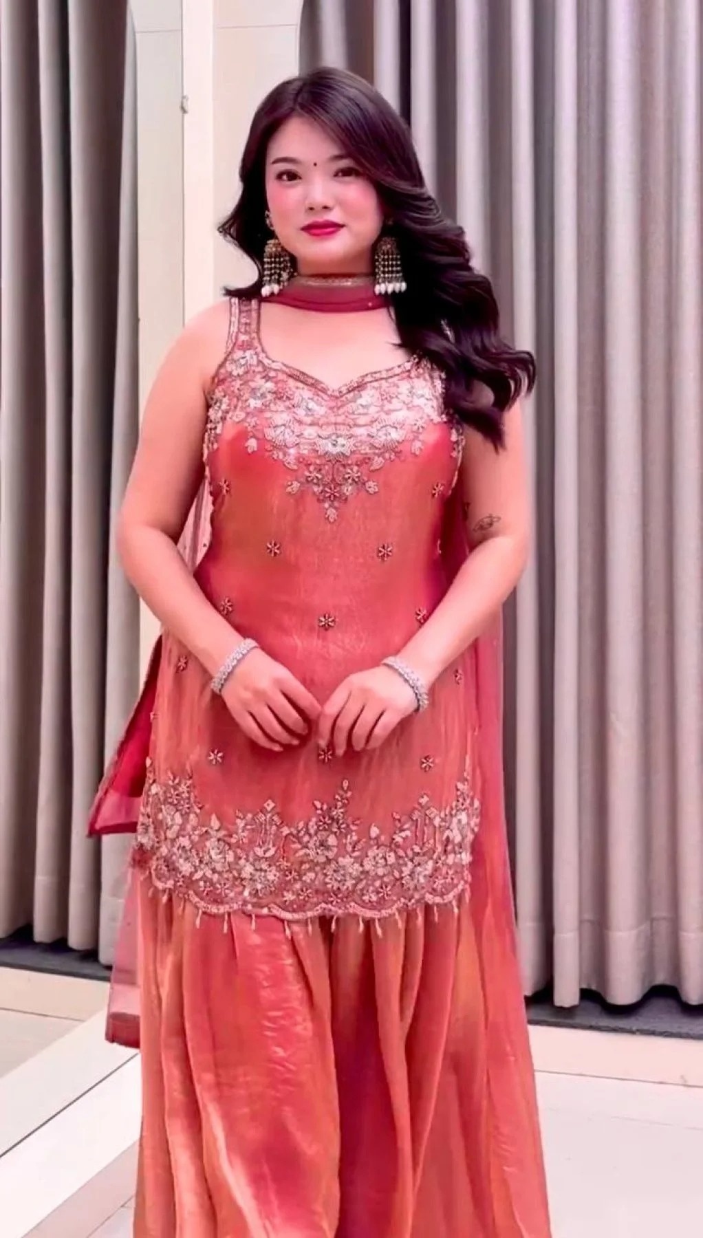 Salmon Solid Designer Embroidery Fendy Satin Palazzo Suit — alternate view