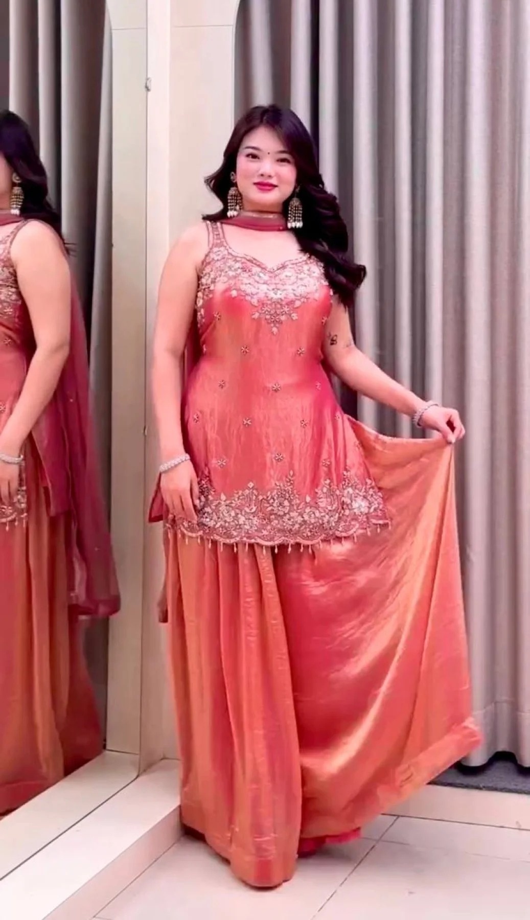 Salmon Solid Designer Embroidery Fendy Satin Palazzo Suit