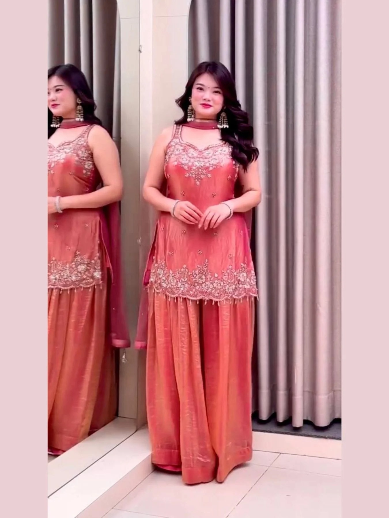 Salmon Solid Designer Embroidery Fendy Satin Palazzo Suit