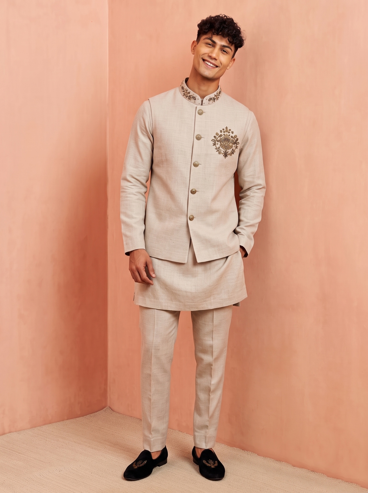 Sand Embroidery Premium Linen Jacket Kurta Pyjama