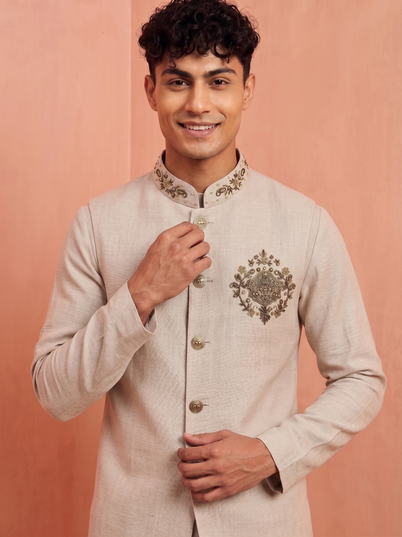 Sand Embroidery Premium Linen Jacket Kurta Pyjama