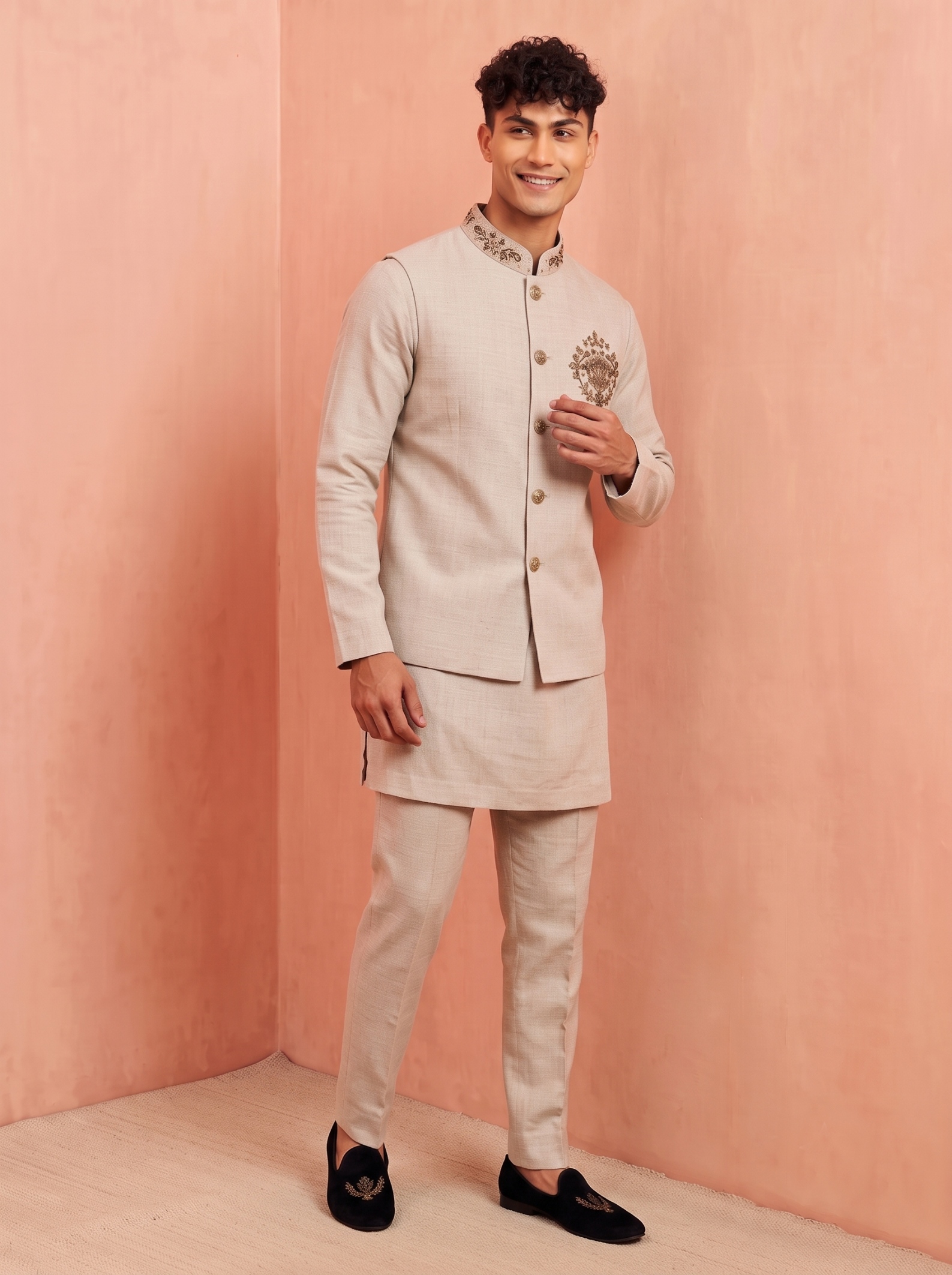 Sand Embroidery Premium Linen Jacket Kurta Pyjama
