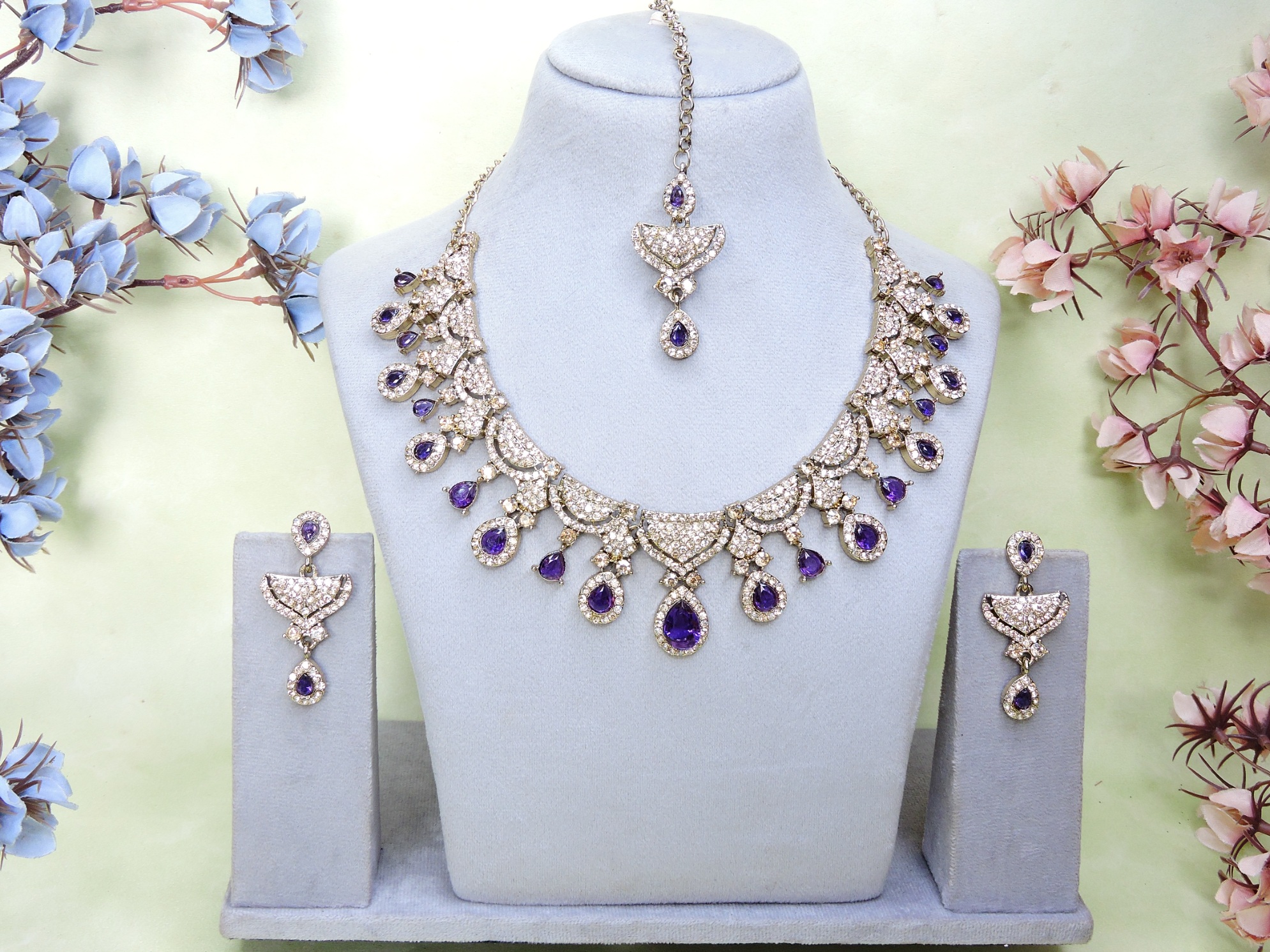 Sapphire Navy American Diamond Necklace Set — alternate view