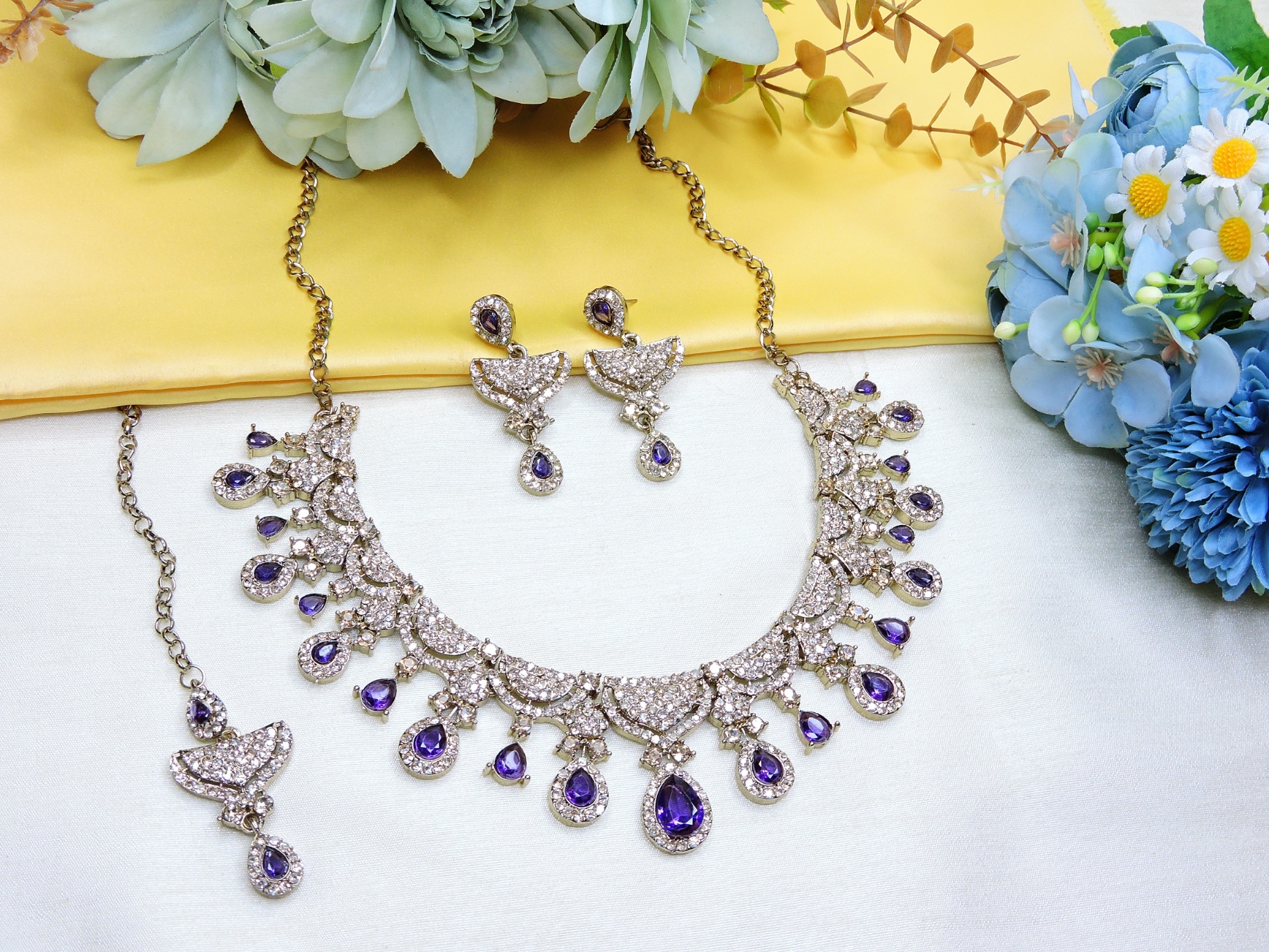 Sapphire Navy American Diamond Necklace Set
