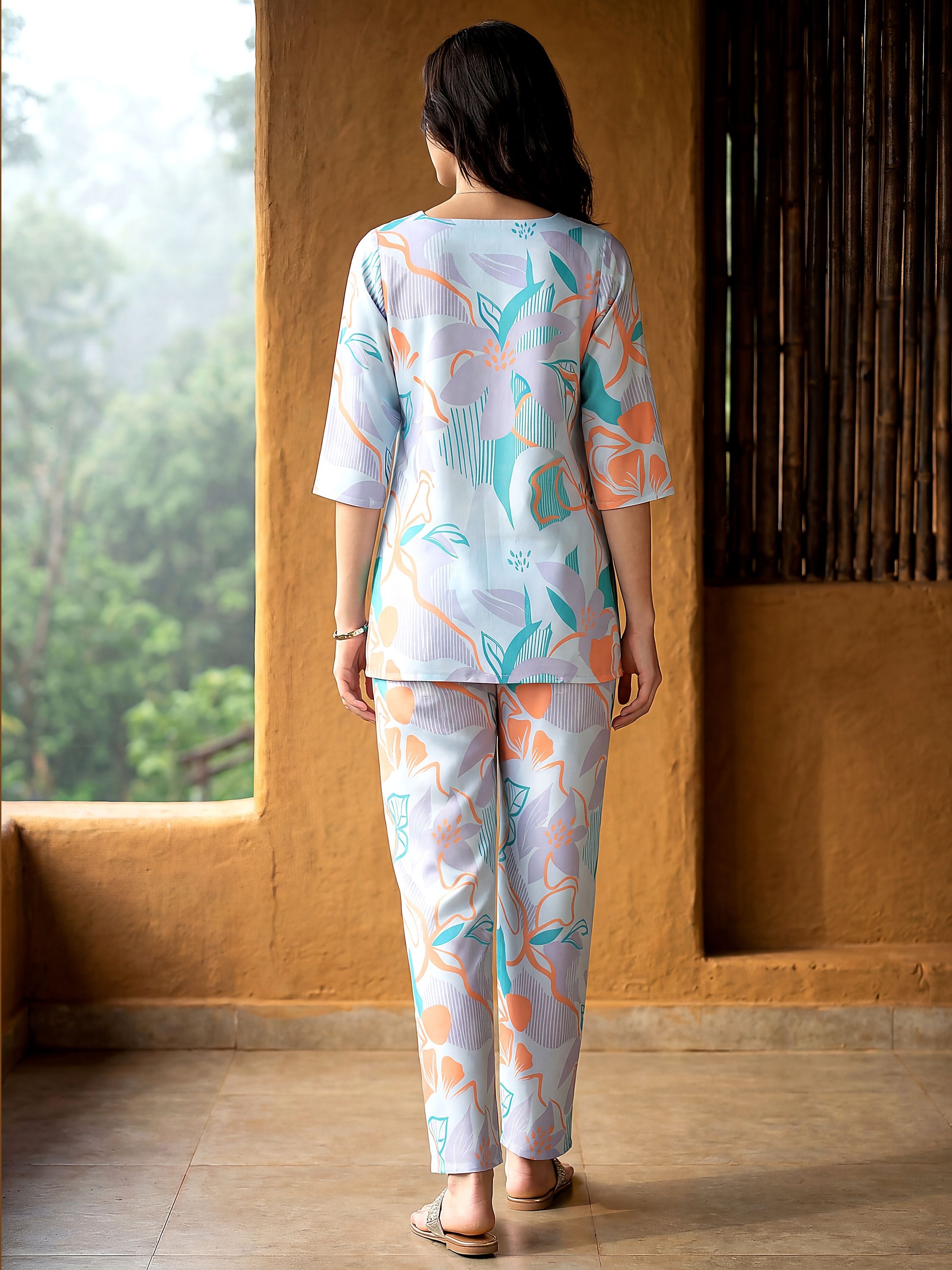 Sea Green Abstract Floral Digital Print Rayon Blend Co-Ord Set — alternate view