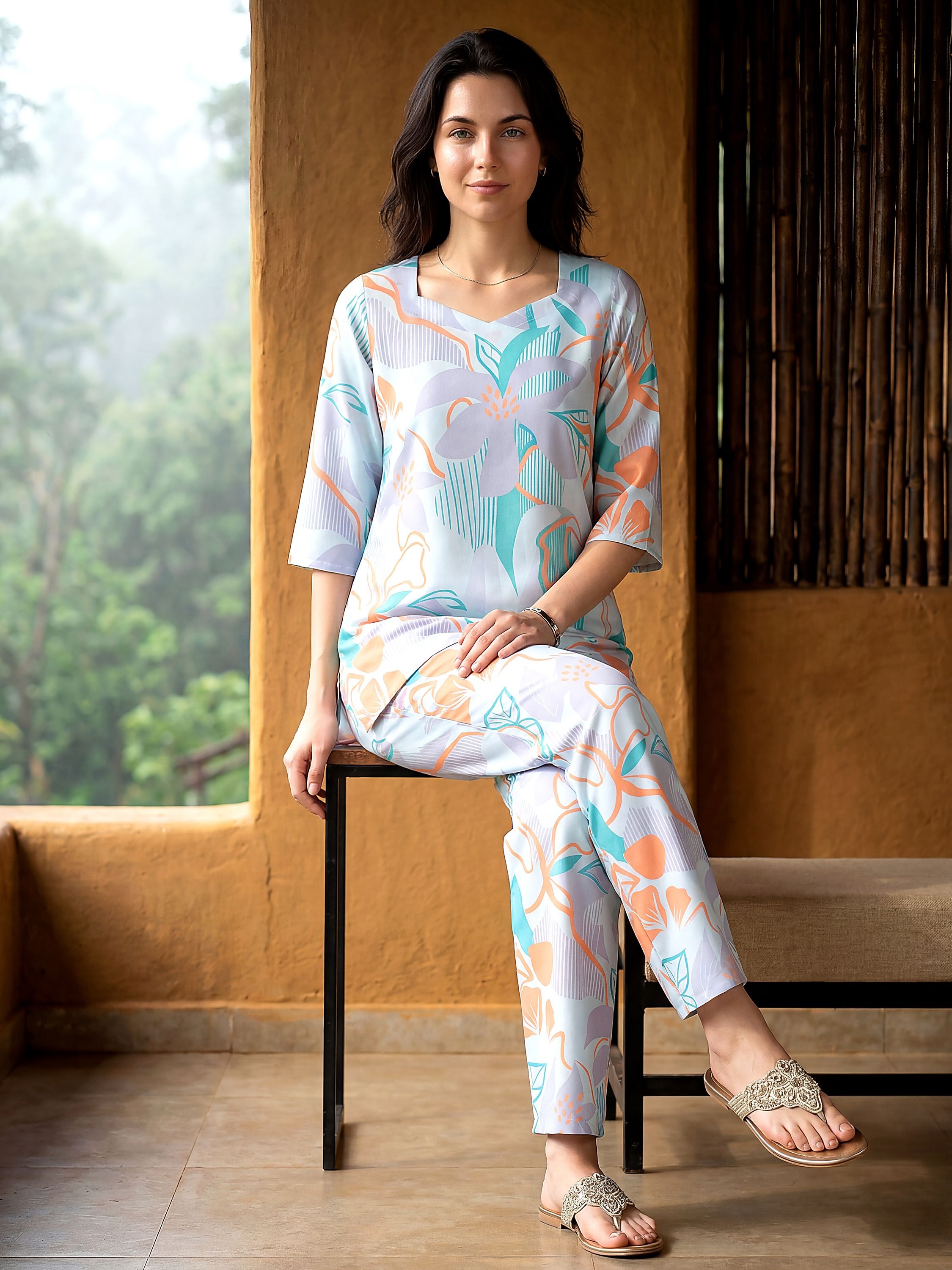 Sea Green Abstract Floral Digital Print Rayon Blend Co-Ord Set