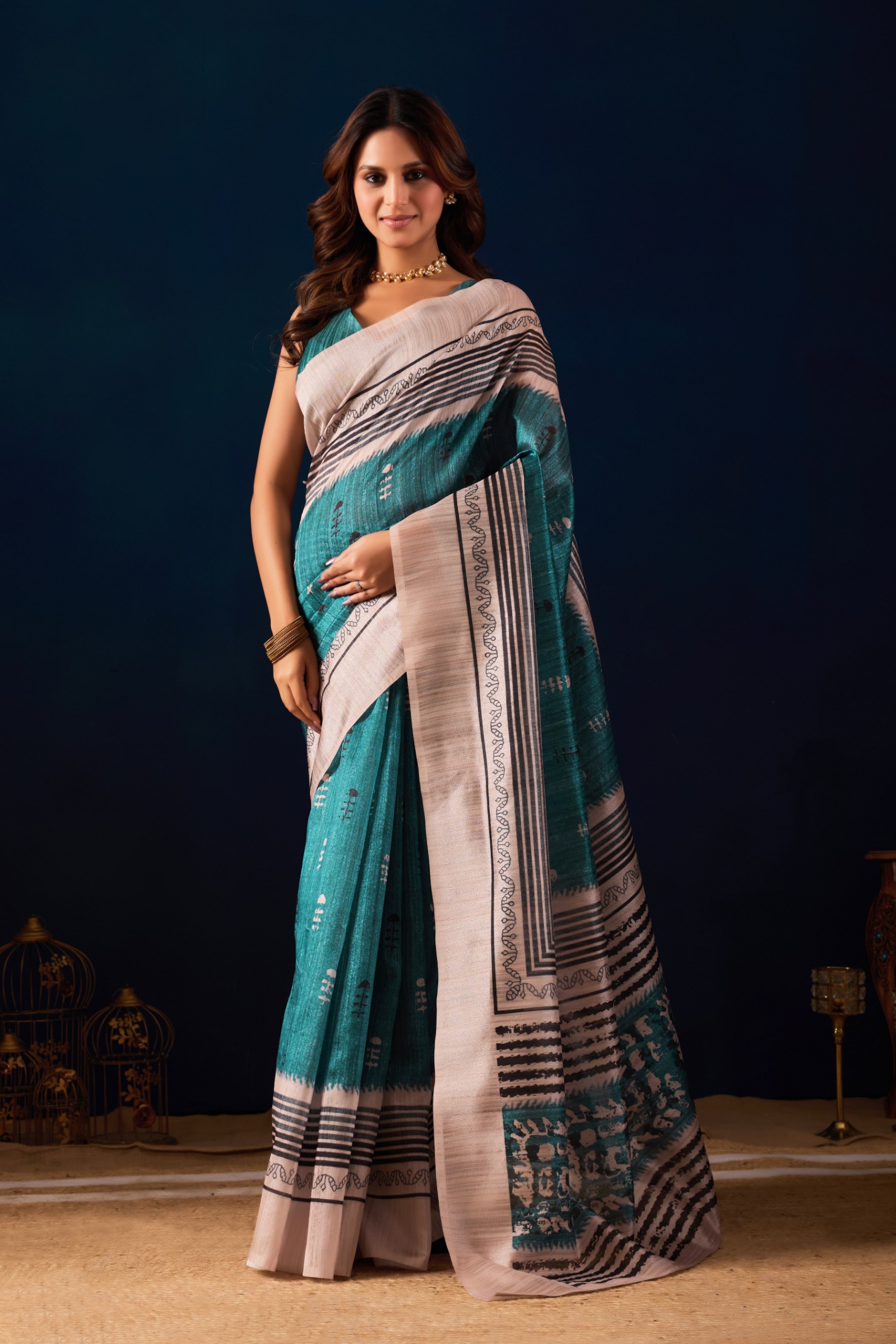 Sea Green Artisan Tribal Jute Silk Ready To Wear Saree