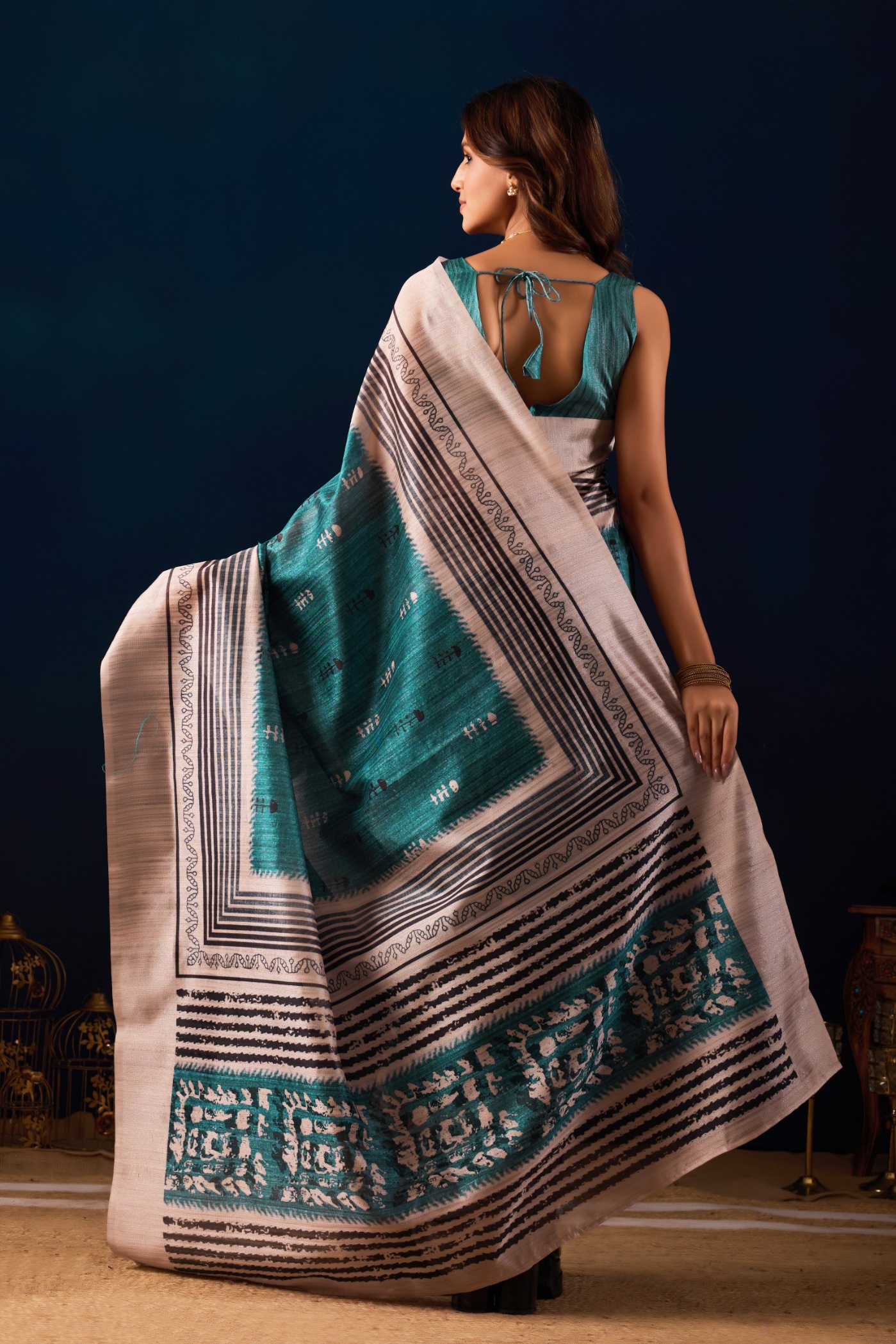 Sea Green Artisan Tribal Jute Silk Ready To Wear Saree — alternate view