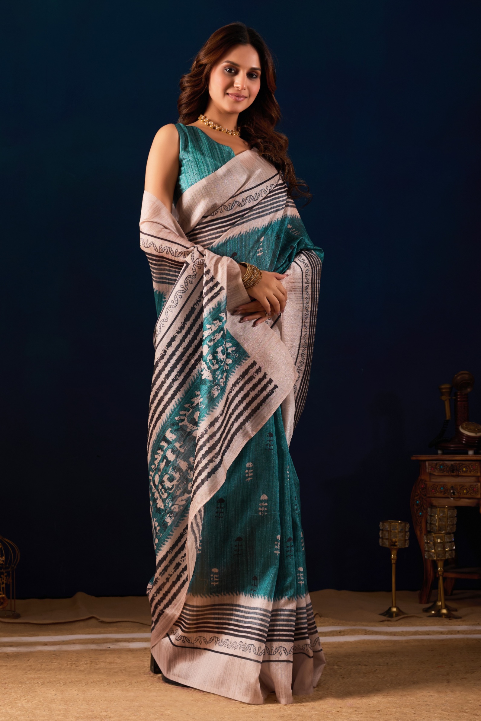Sea Green Artisan Tribal Jute Silk Ready To Wear Saree