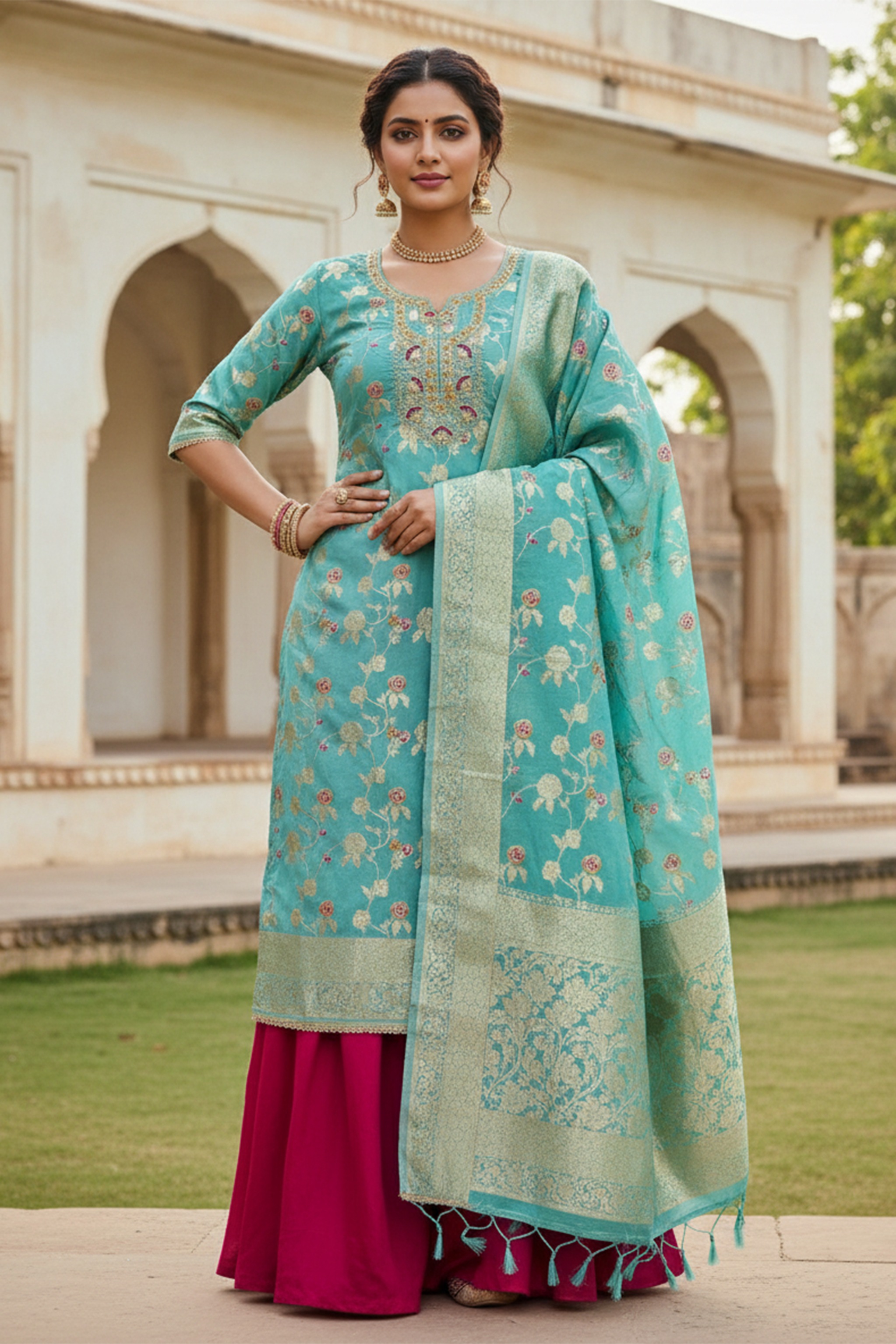 Sea Green Banarasi Cotton Royal Jacquard Straight Salwar Suit