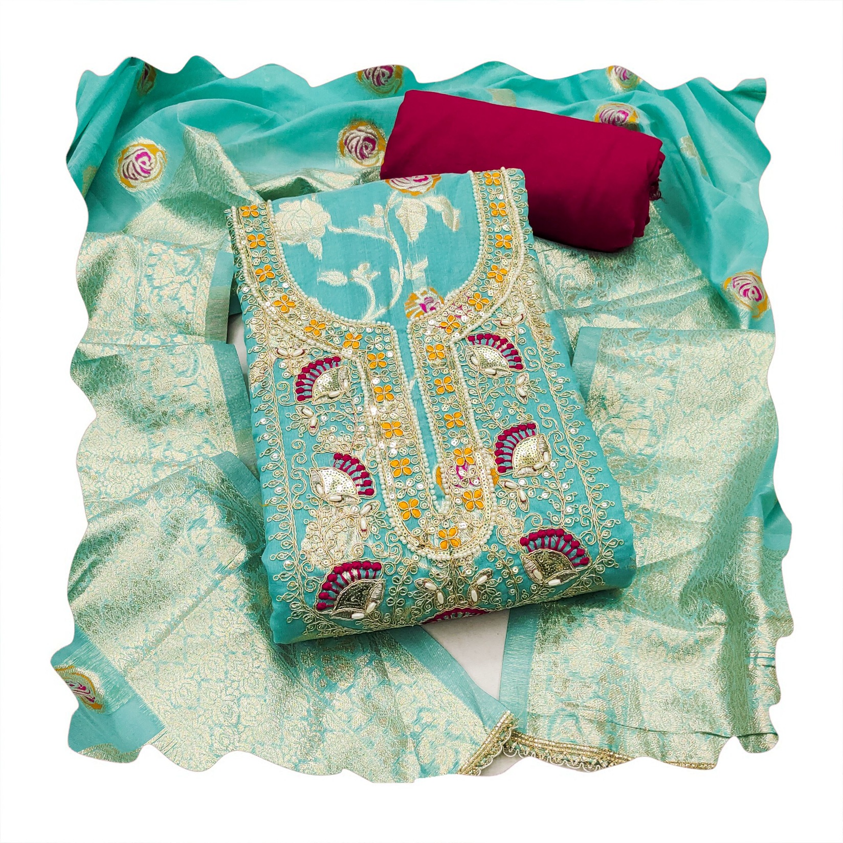 Sea Green Banarasi Cotton Royal Jacquard Straight Salwar Suit — alternate view