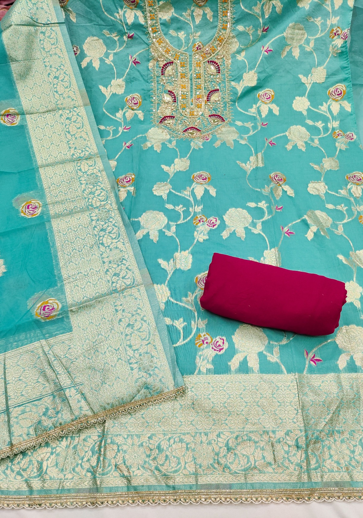 Sea Green Banarasi Cotton Royal Jacquard Straight Salwar Suit