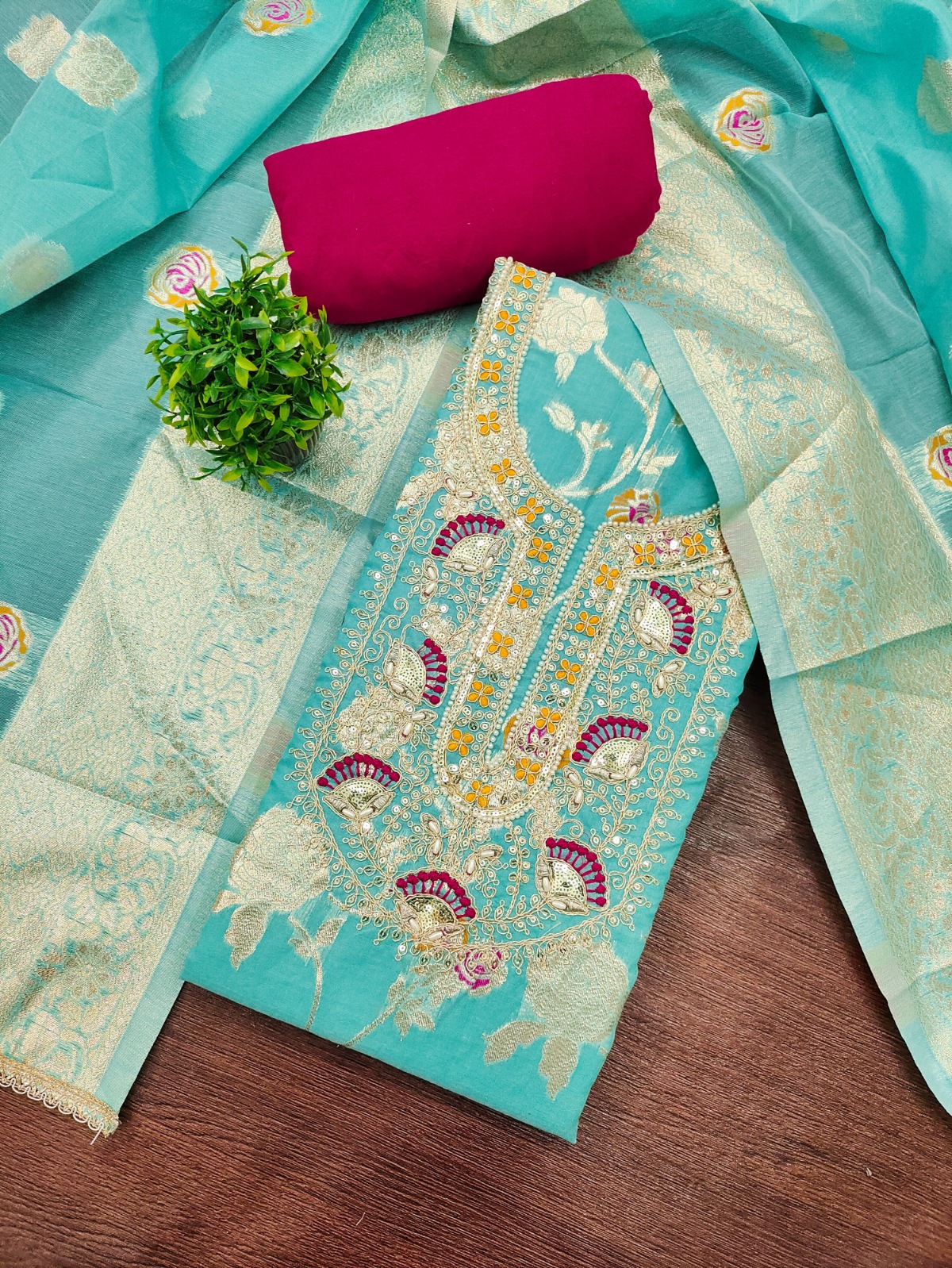 Sea Green Banarasi Cotton Royal Jacquard Straight Salwar Suit