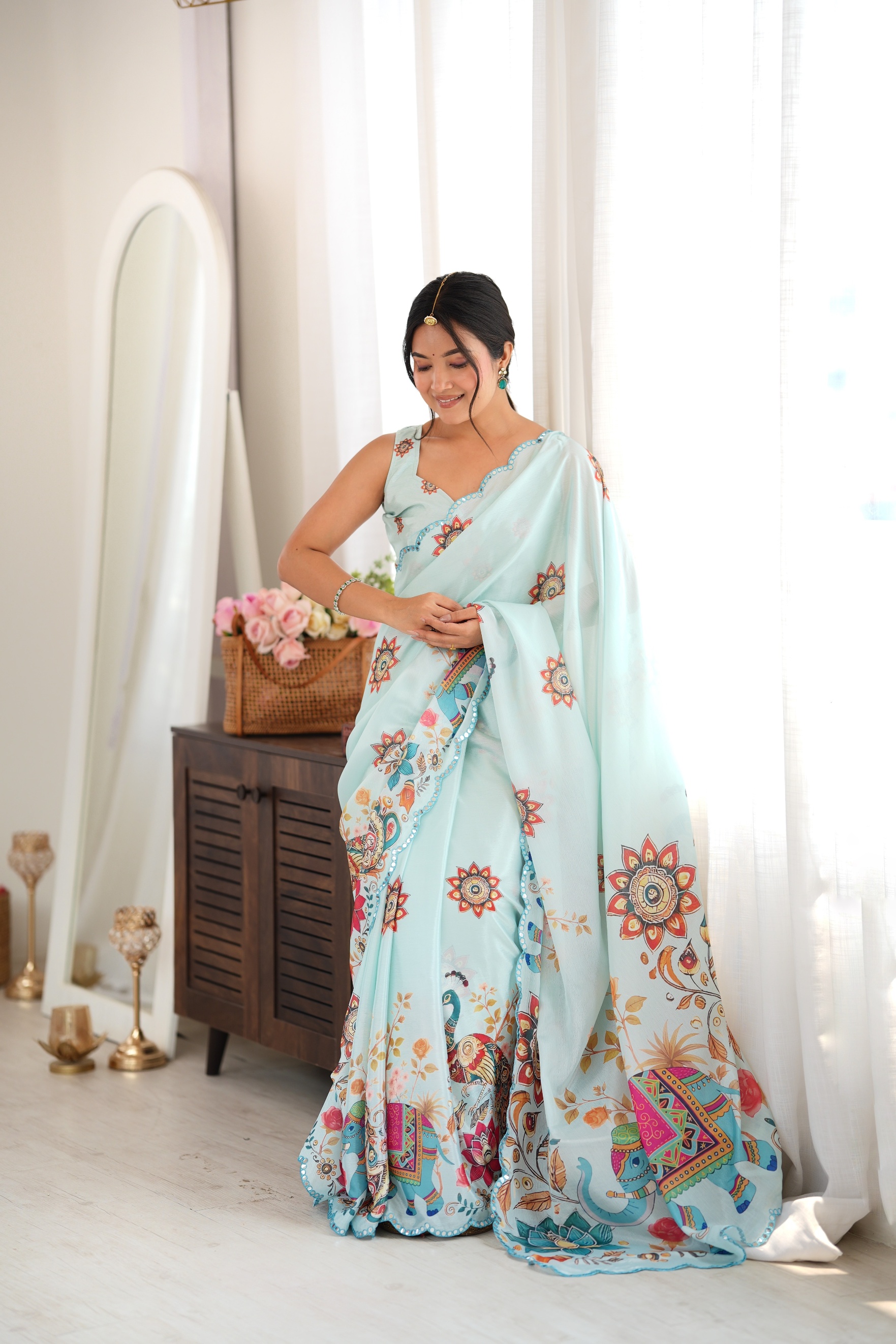 Sea Green Bandhani Medallion Print Mirror Work Chinon Saree