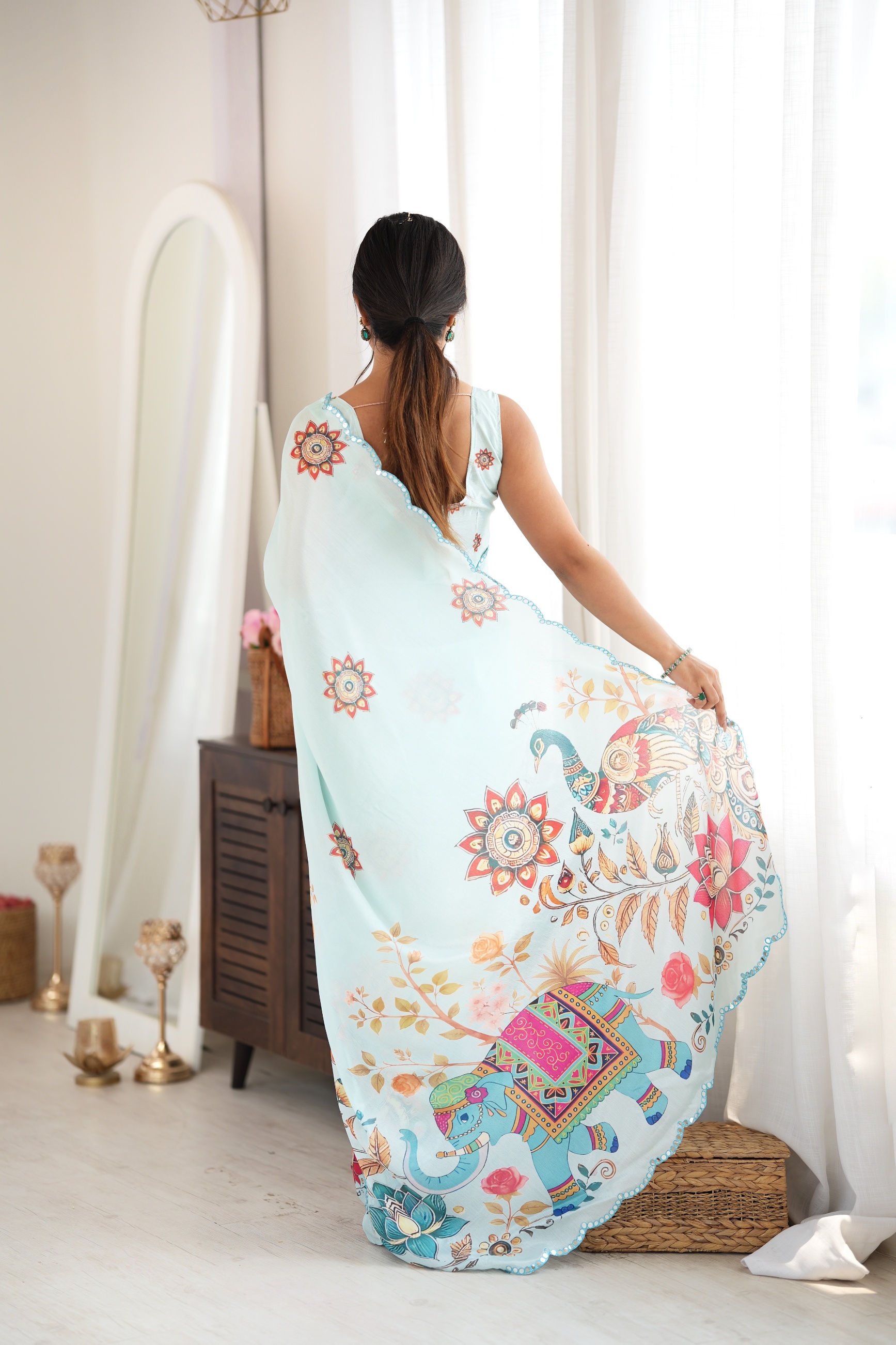 Sea Green Bandhani Medallion Print Mirror Work Chinon Saree — alternate view