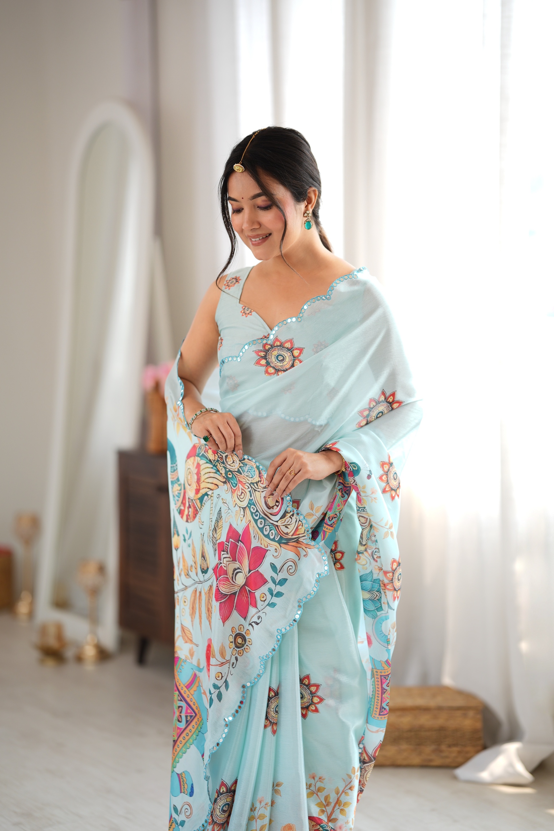 Sea Green Bandhani Medallion Print Mirror Work Chinon Saree