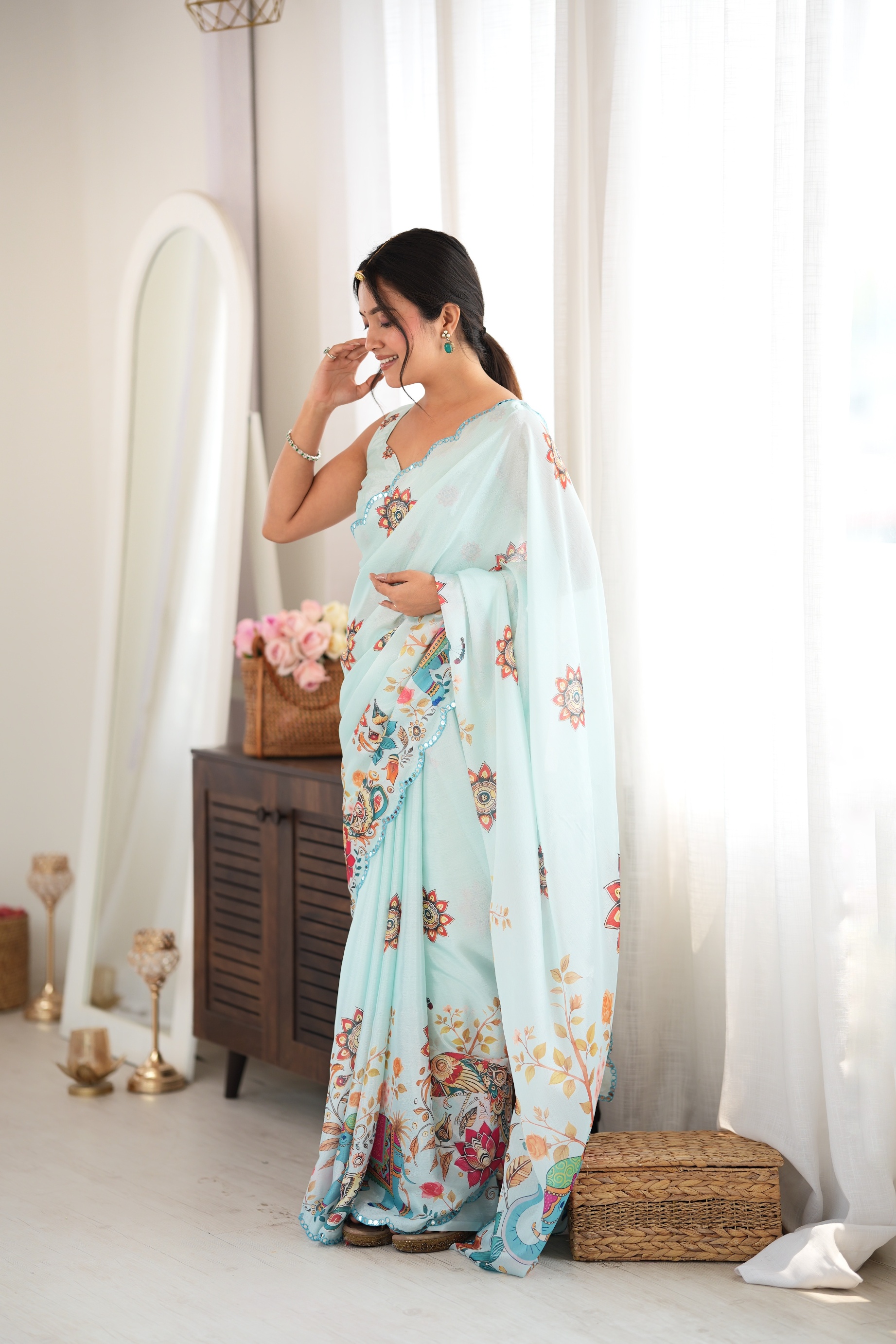Sea Green Bandhani Medallion Print Mirror Work Chinon Saree