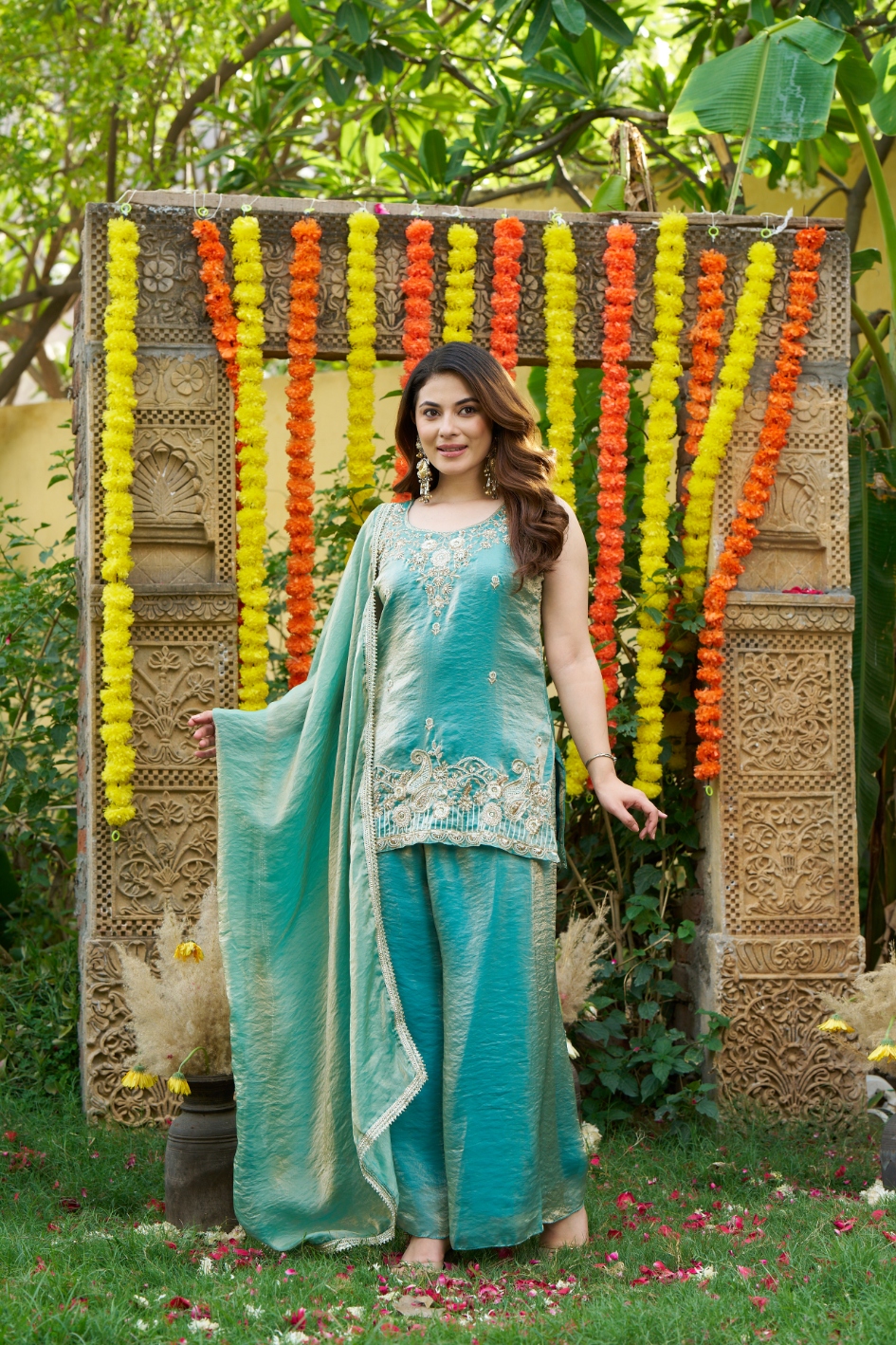 Sea Green Bead Work Fendy Satin Palazzo Suit