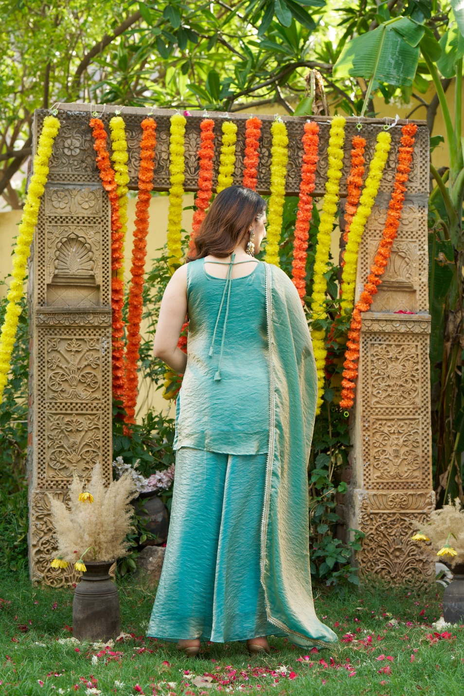 Sea Green Bead Work Fendy Satin Palazzo Suit — alternate view