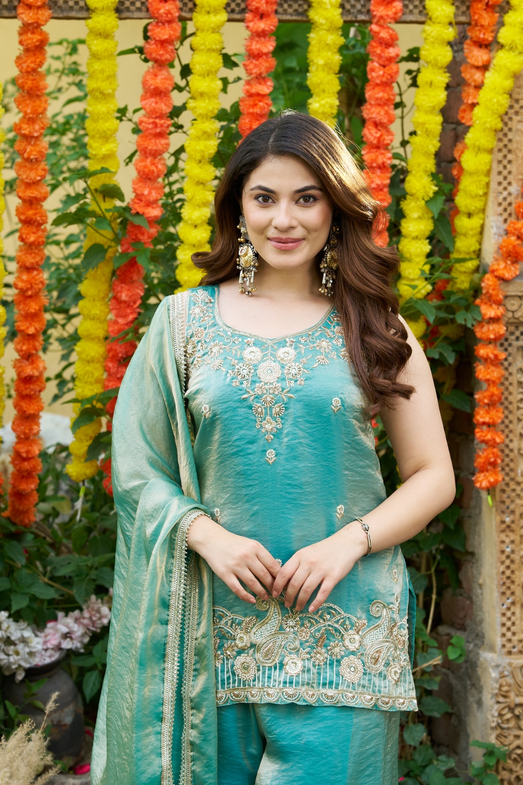Sea Green Bead Work Fendy Satin Palazzo Suit