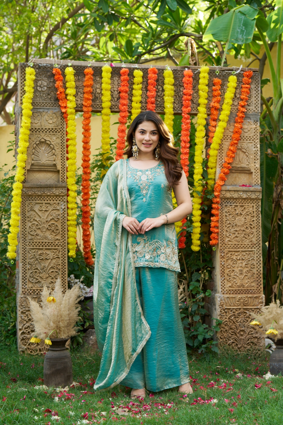 Sea Green Bead Work Fendy Satin Palazzo Suit