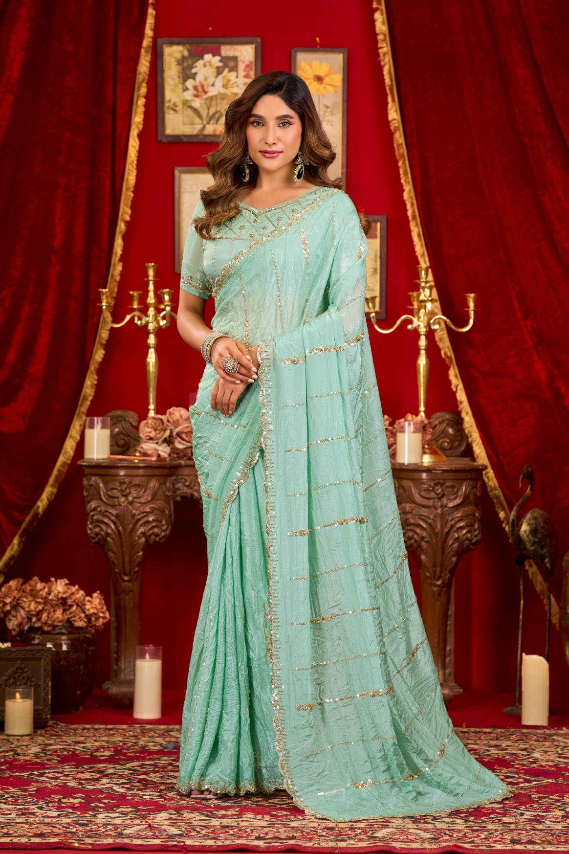 Sea Green Beads Sequin Prada Silk Saree