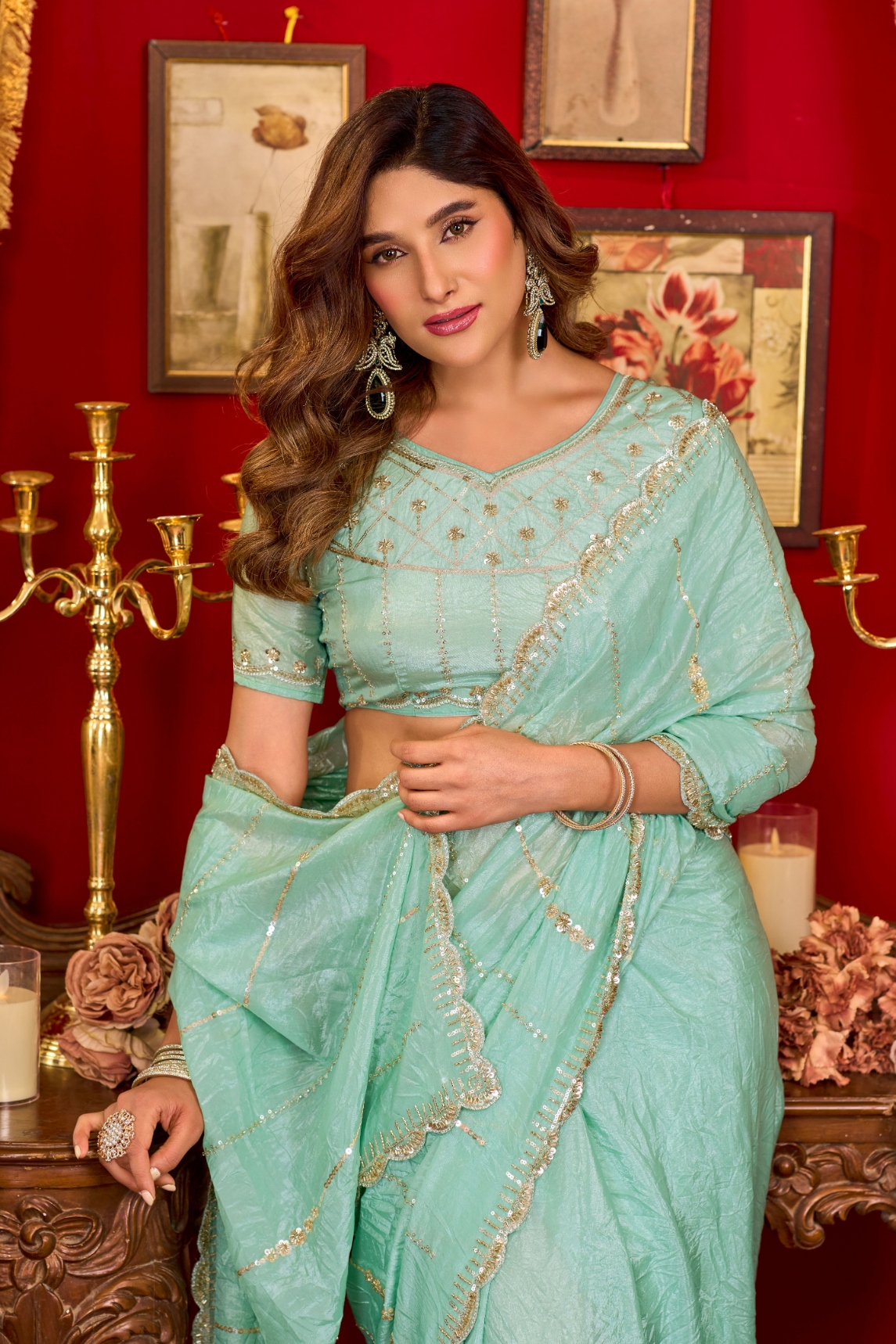 Sea Green Beads Sequin Prada Silk Saree