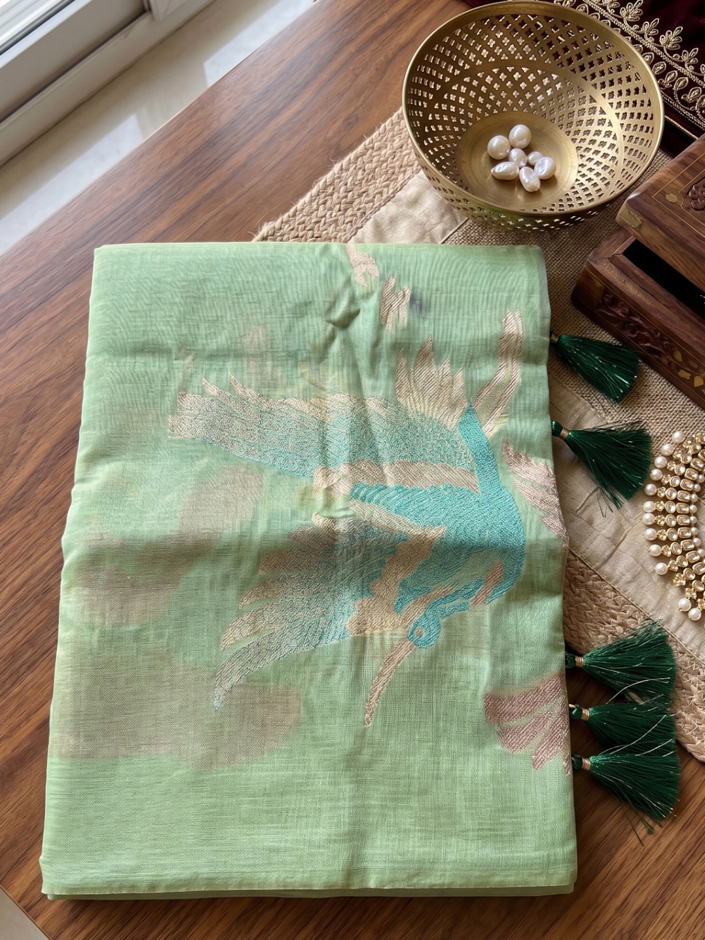 Sea Green Bird Motif Linen Cotton Saree